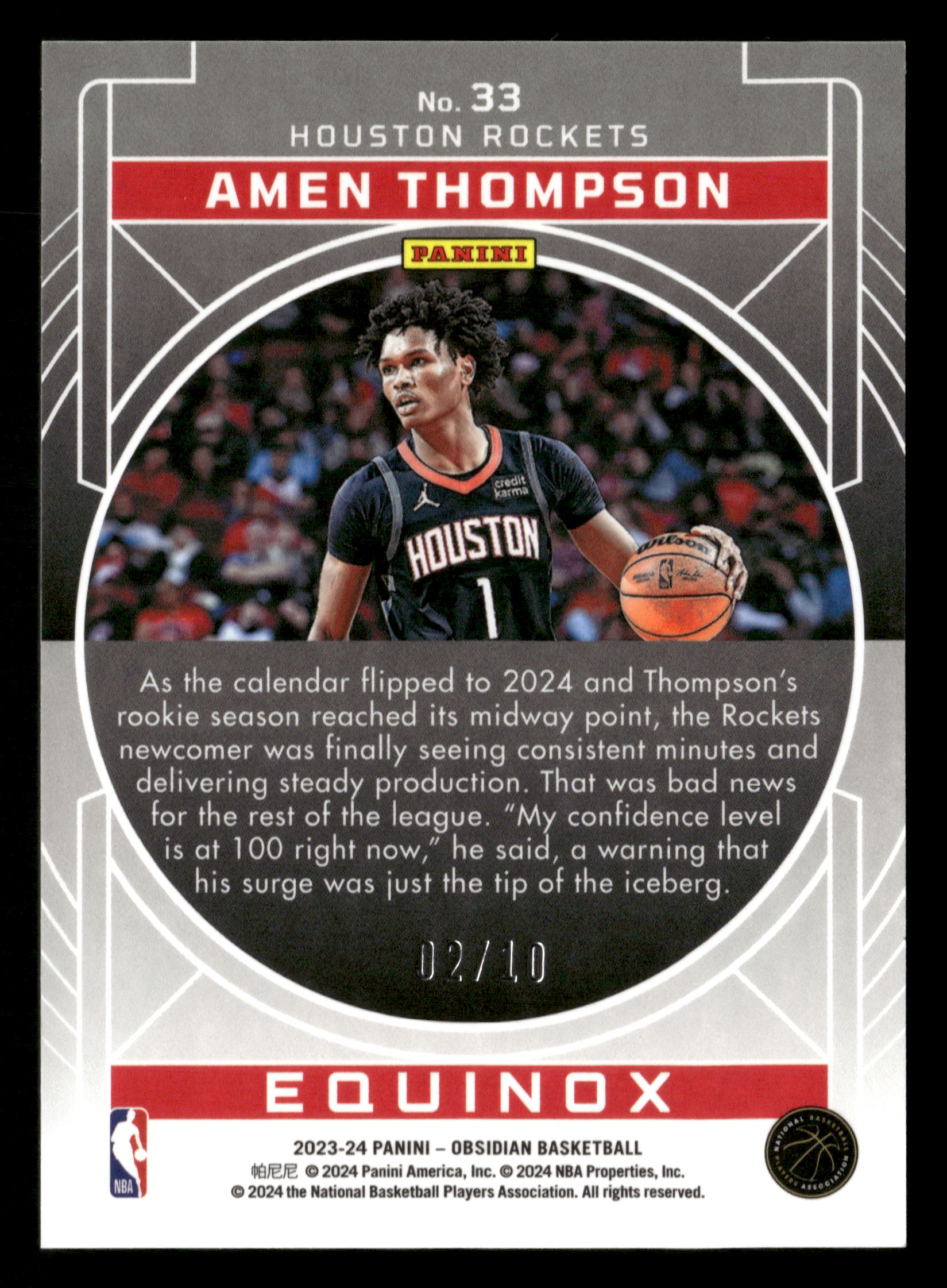 2023-24 Panini Obsidian #33 Amen Thompson Equinox Electric Etch Molten Mojo #/10