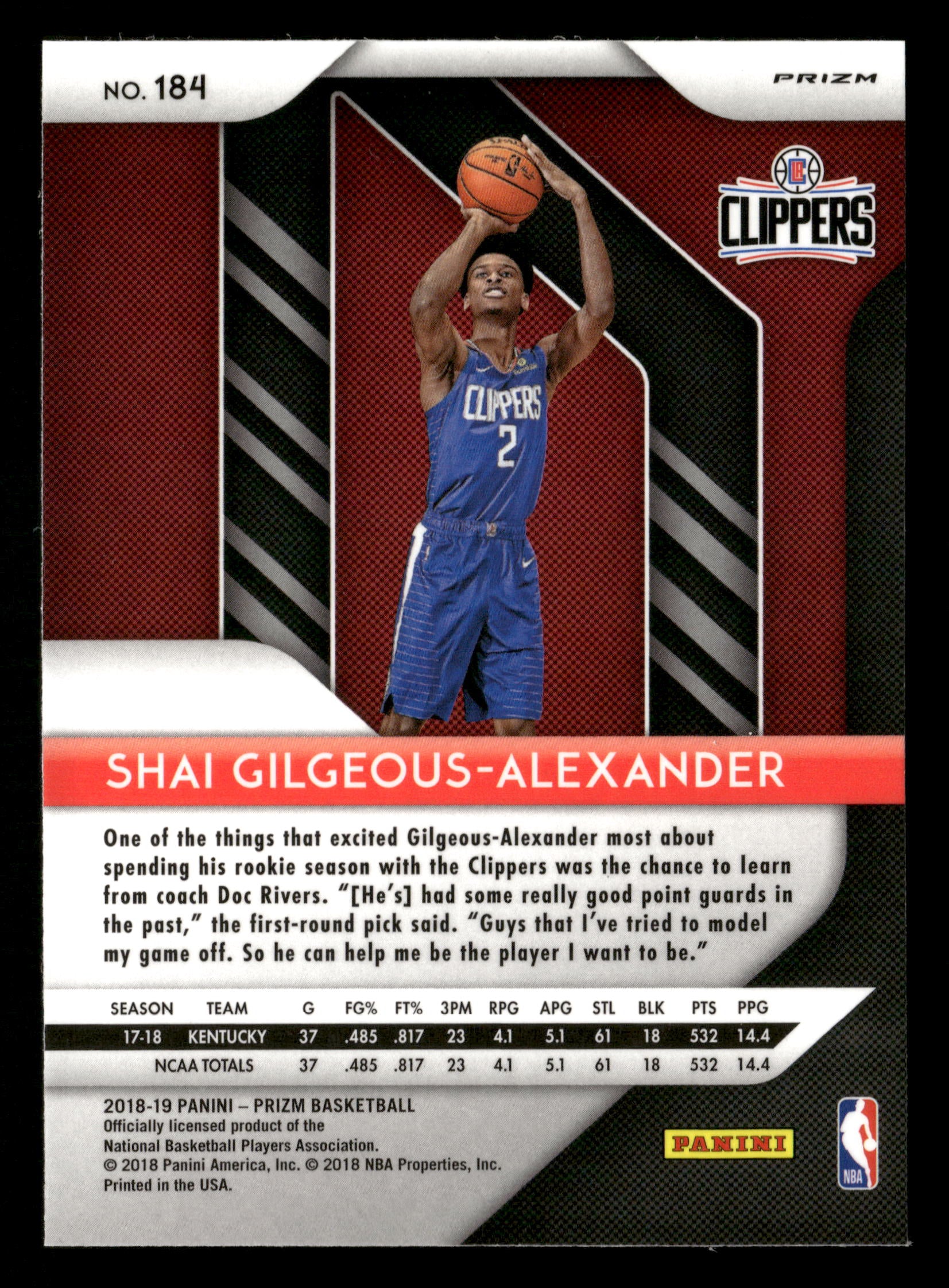 2018-19 Panini Prizm #184 Shai Gilgeous-Alexander Prizms Silver RC