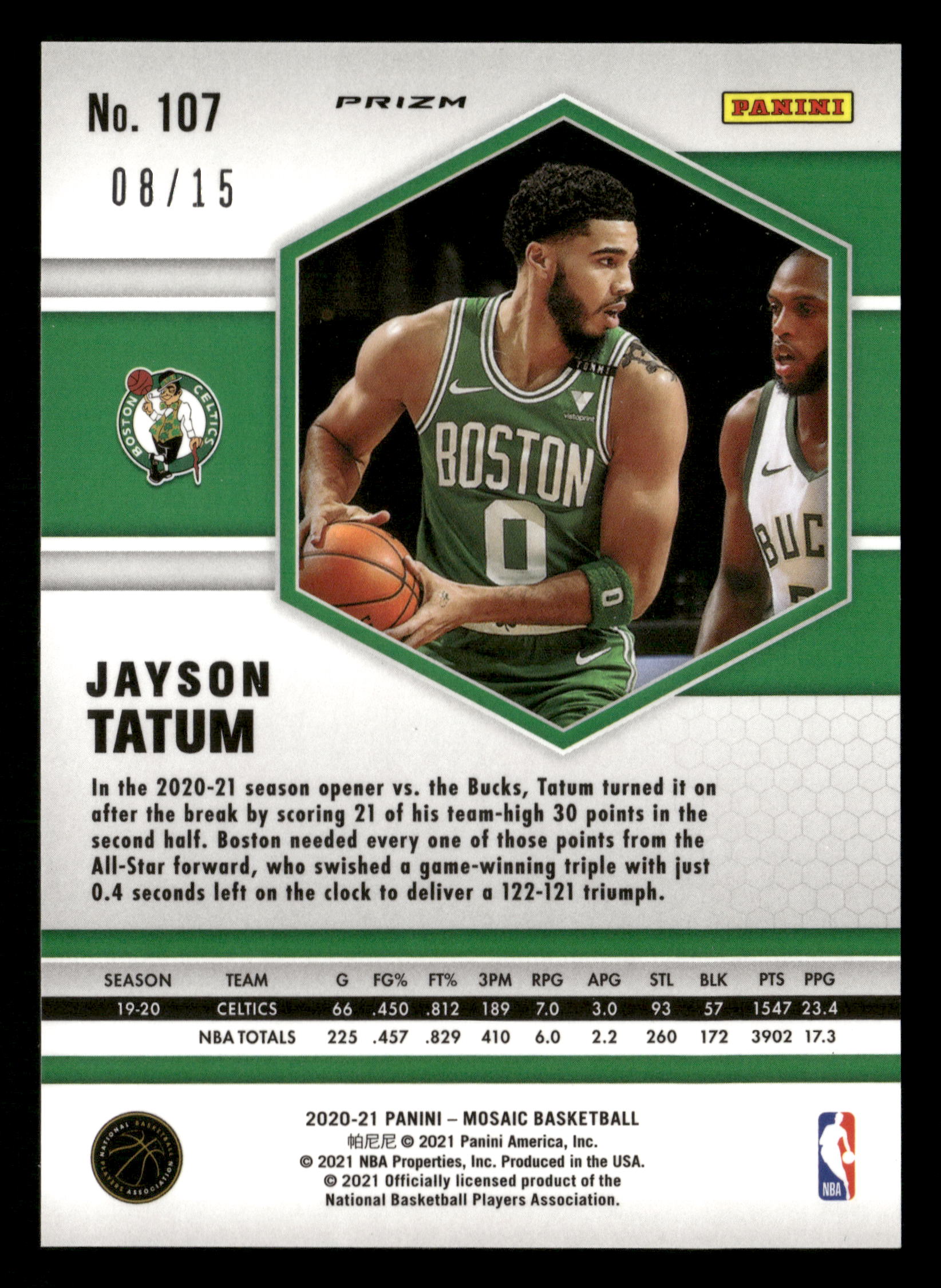2020-21 Panini Mosaic #107 Jayson Tatum Mosaic Blue Fluorescent #/15