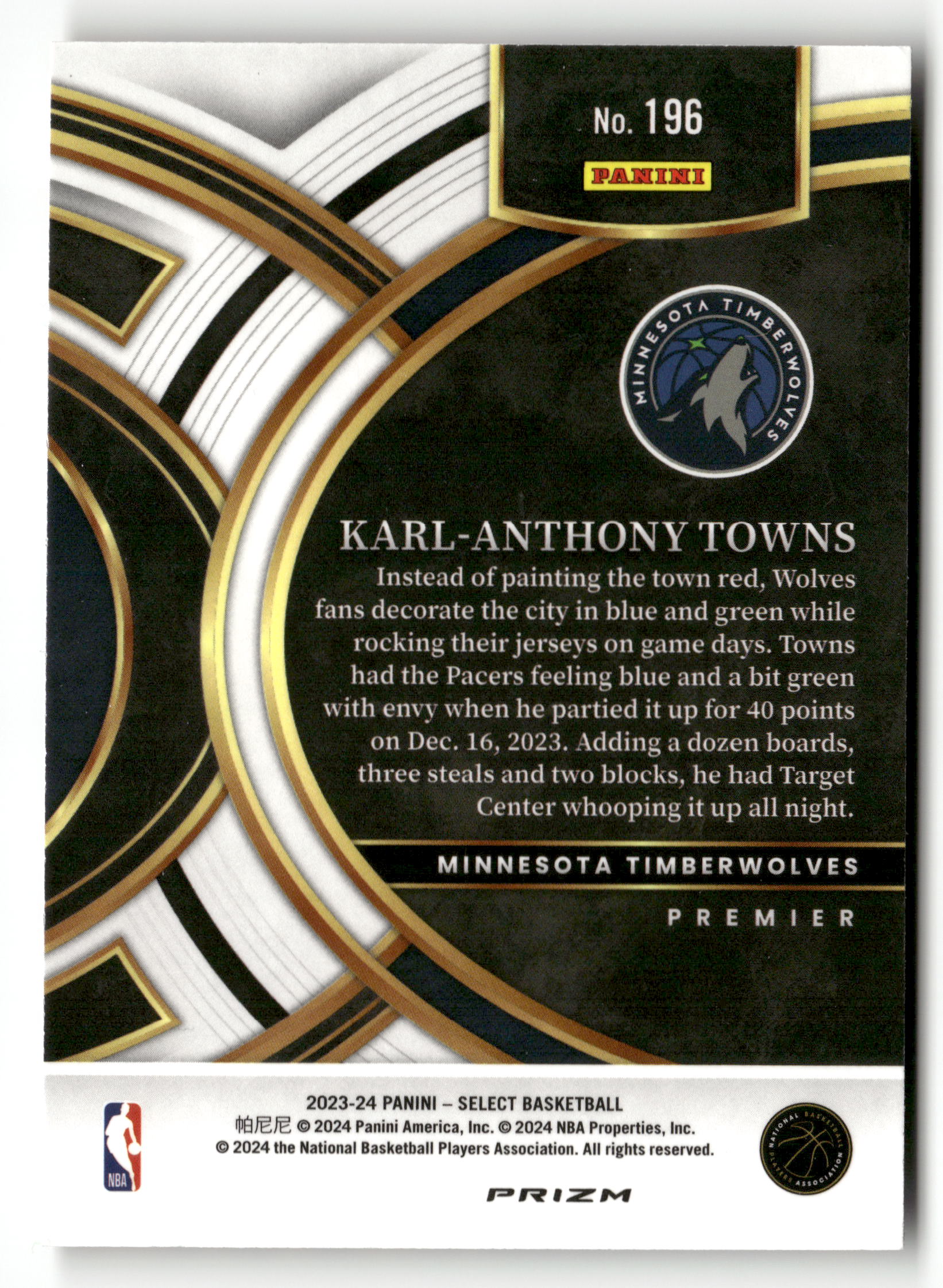 2023-24 Panini Select #196 Karl-Anthony Towns Tiger Prizms