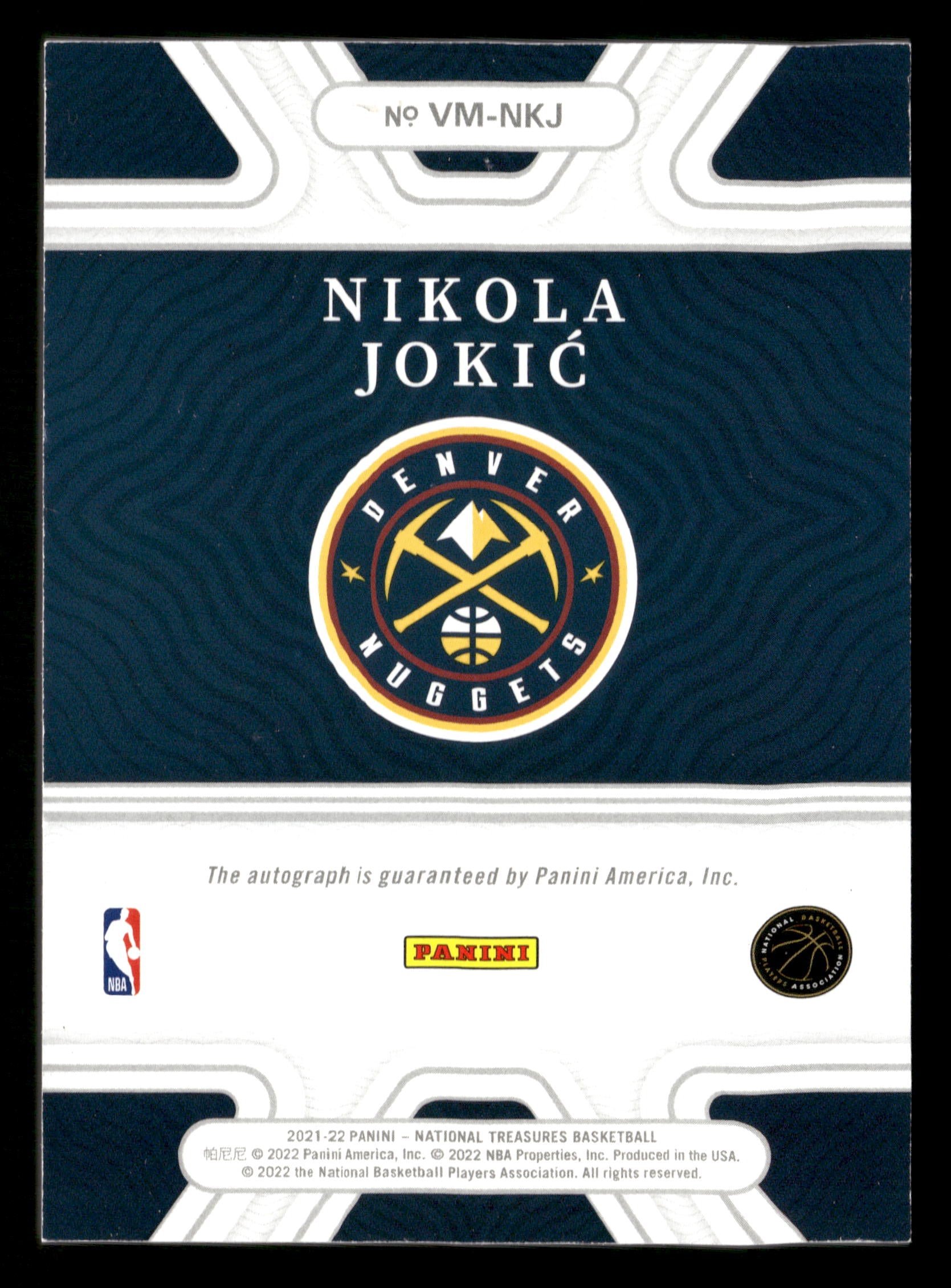 2021-22 Panini National Treasures #VM-NKJ Nikola Jokic Validating Marks #/25