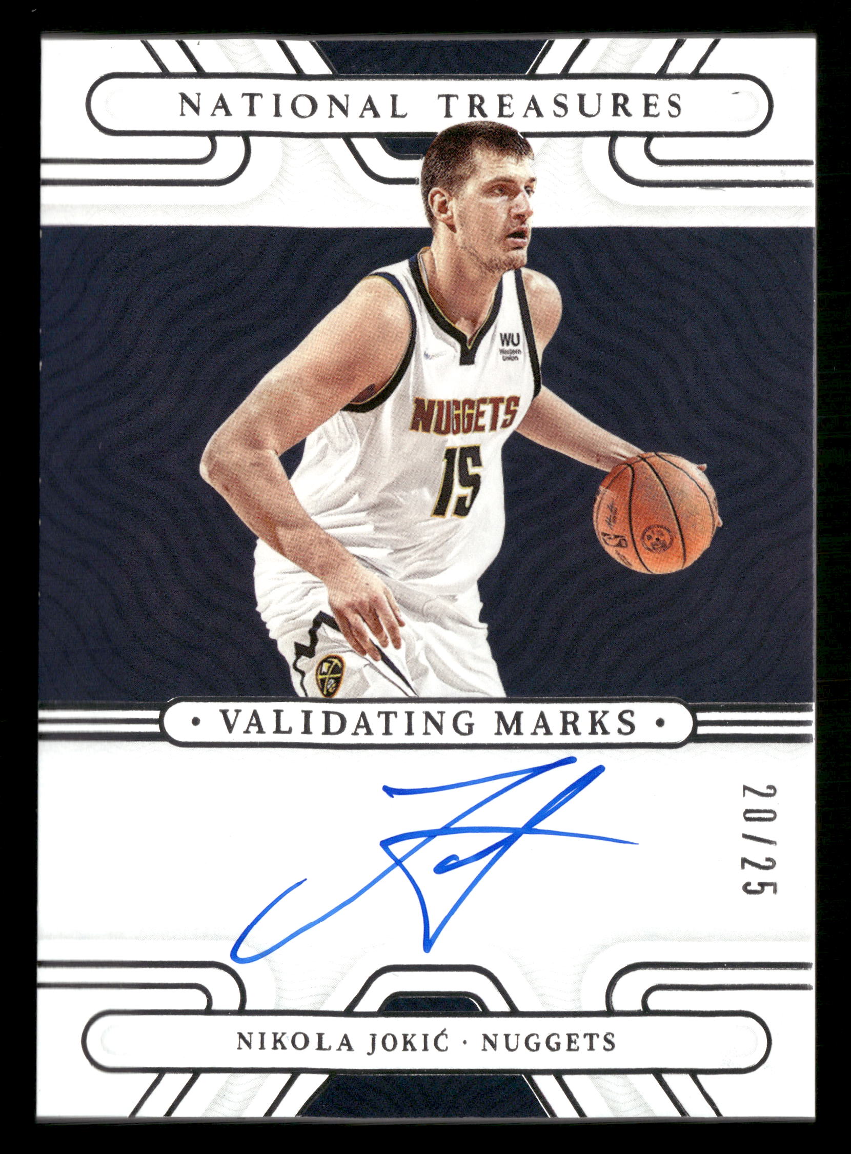 2021-22 Panini National Treasures #VM-NKJ Nikola Jokic Validating Marks #/25