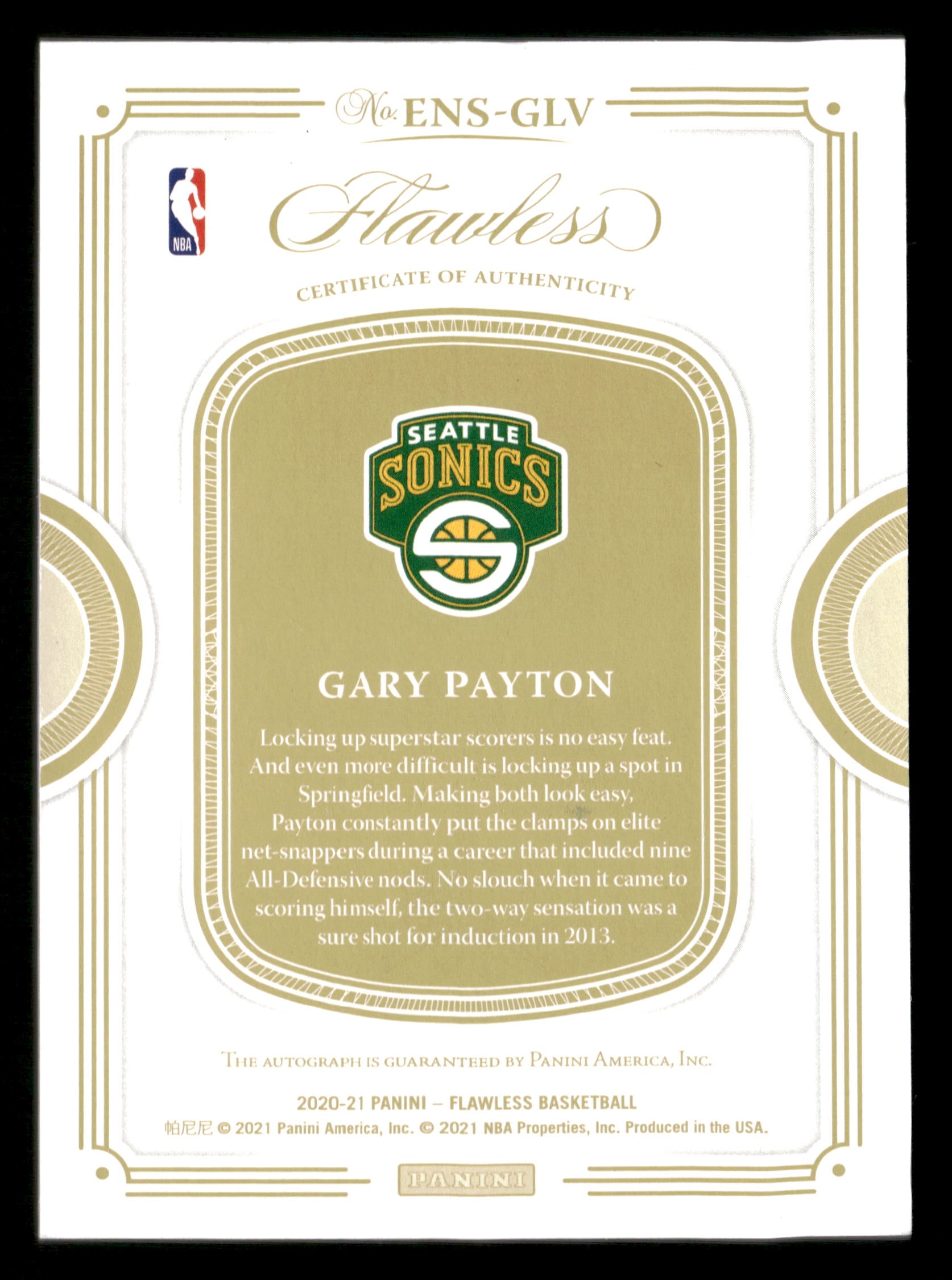 2020-21 Panini Flawless #ENS-GLV Gary Payton Enshrined Signatures Emerald #/5