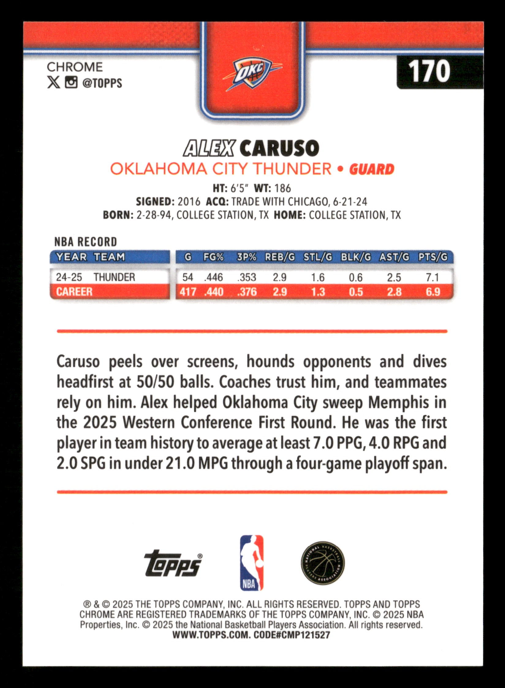 2025-26 Topps Chrome #170 Alex Caruso FrozenFractor #/5