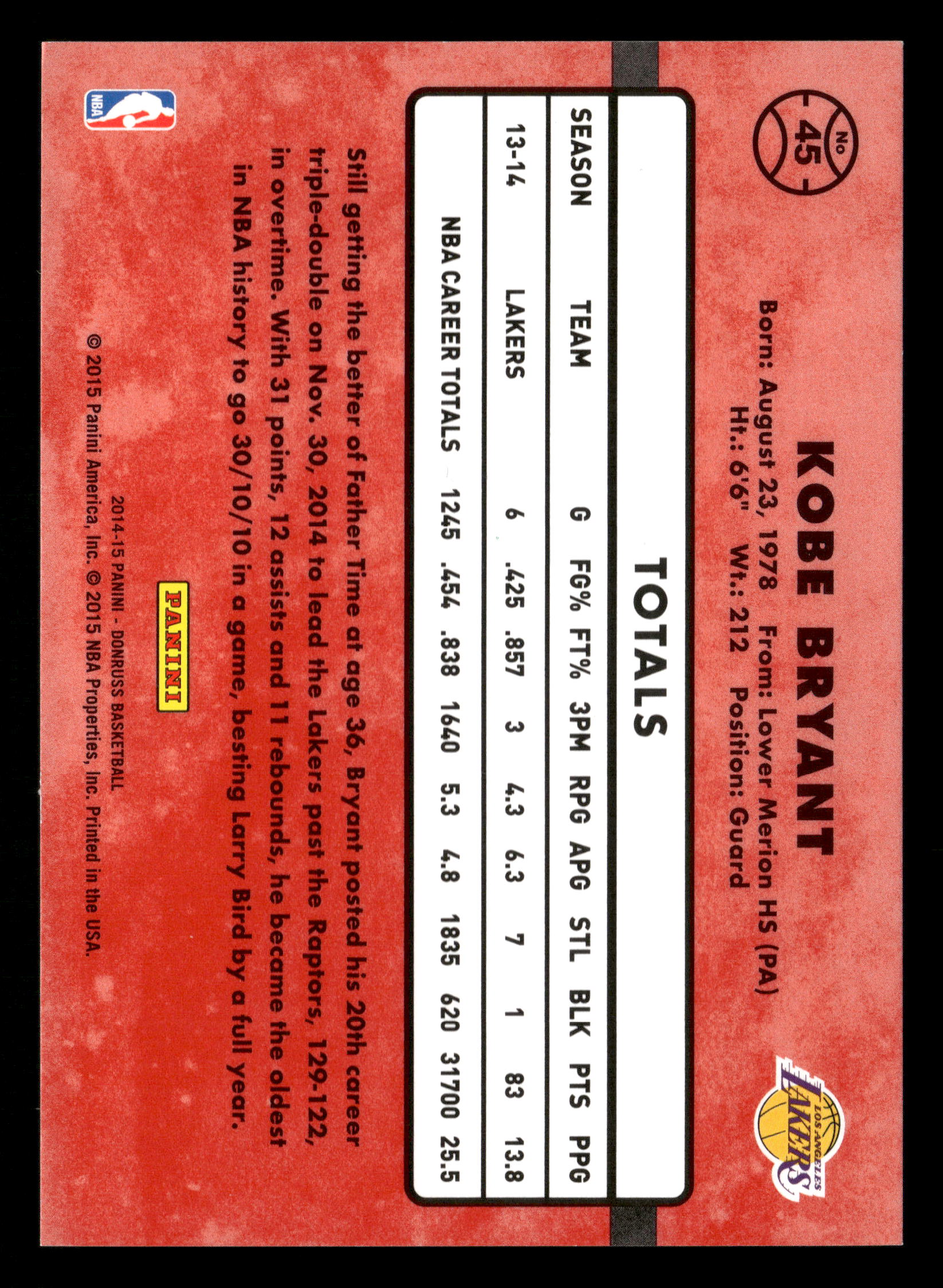2014-15 Donruss #45 Kobe Bryant Stat Line Season Refractor #/138