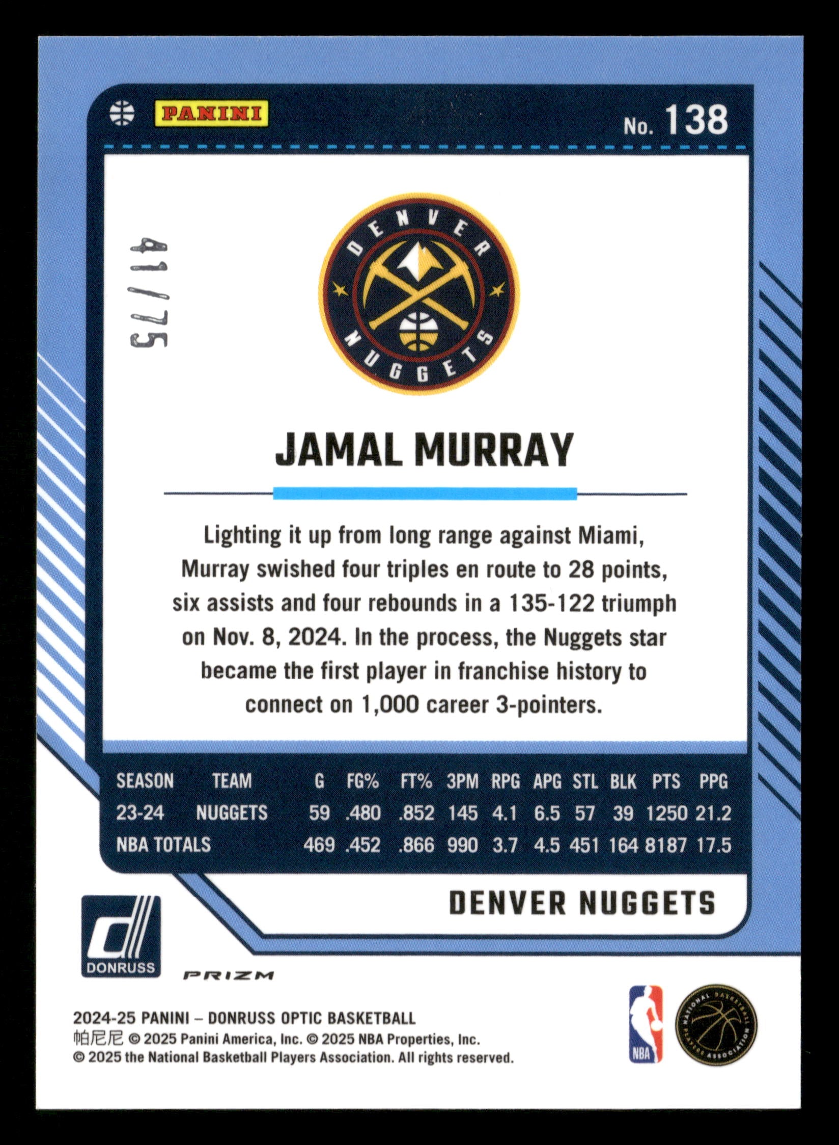 2024-25 Donruss Optic #138 Jamal Murray Blue Shimmer #/75