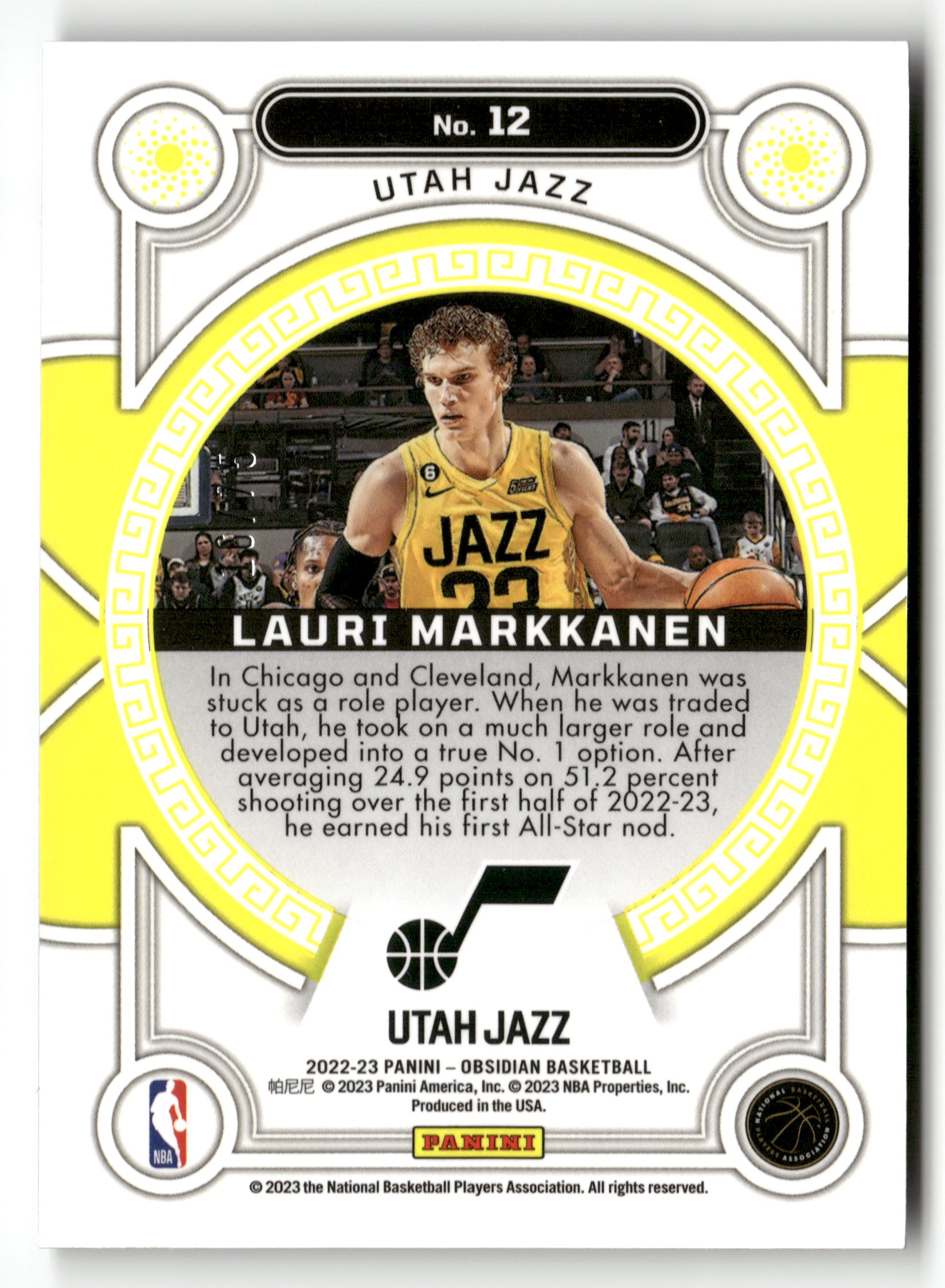 2022-23 Panini Obsidian #12 Lauri Markkanen Orbital Electric Etch Purple #/75