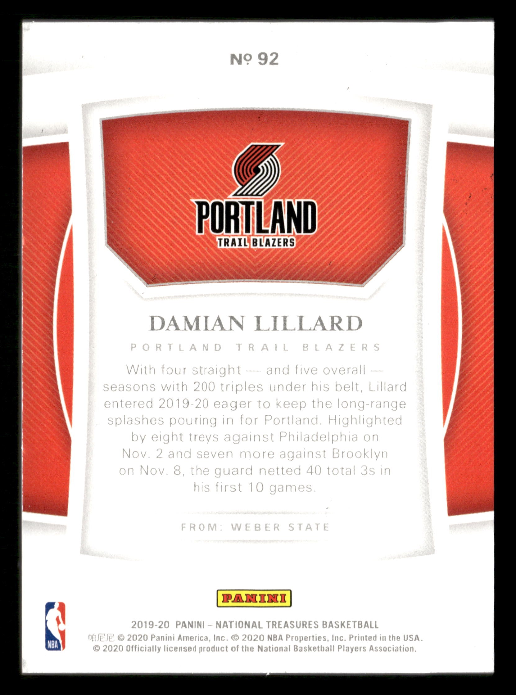 2019-20 Panini National Treasures #92 Damian Lillard #/99