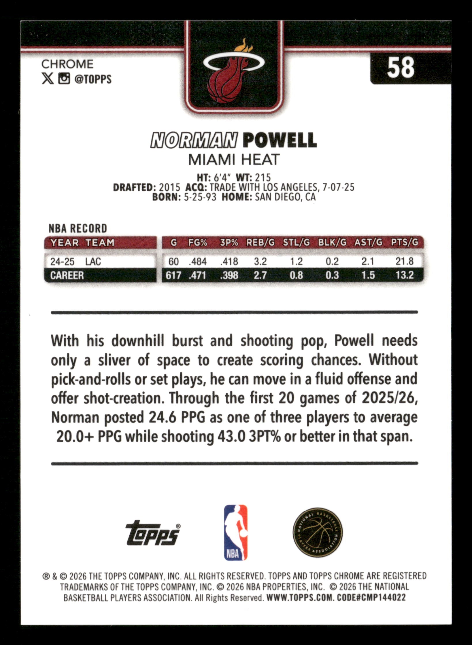 2025-26 Topps Chrome Update #58 Norman Powell Gold Wave Refractor #/50