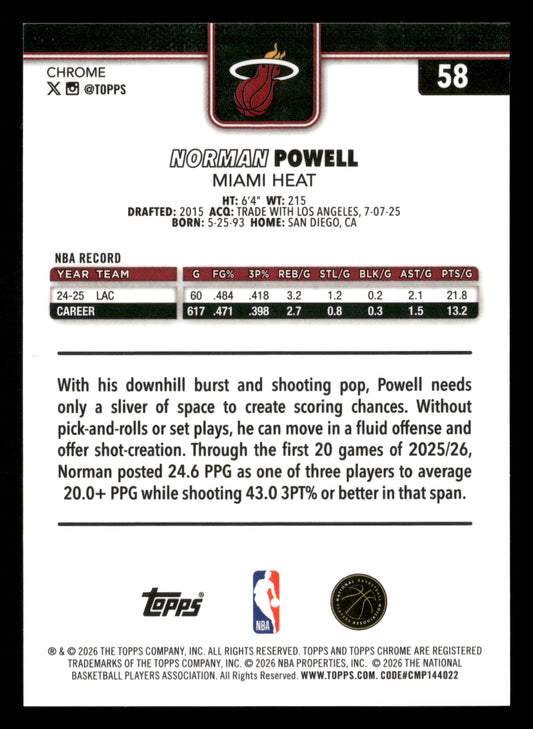 2025-26 Topps Chrome Update #58 Norman Powell Gold Wave Refractor #/50