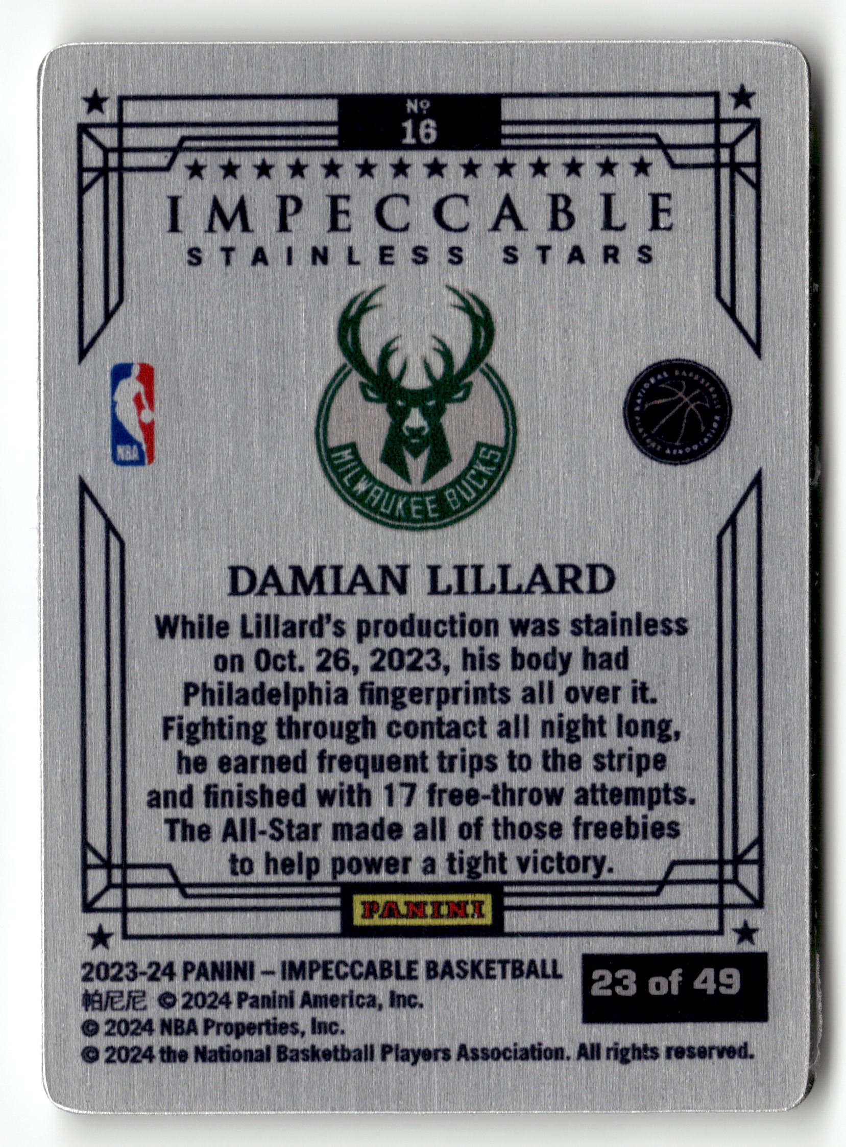 2023-24 Panini Impeccable #16 Damian Lillard Stainless Stars Blue #/49