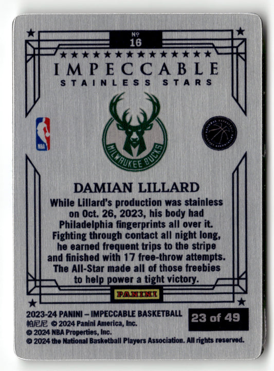 2023-24 Panini Impeccable #16 Damian Lillard Stainless Stars Blue #/49