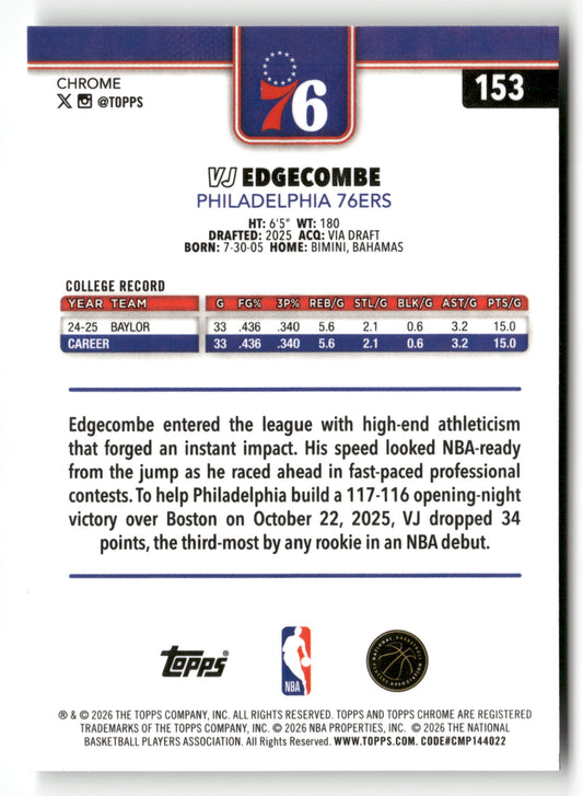 2025-26 Topps Chrome Update #153 VJ Edgecombe