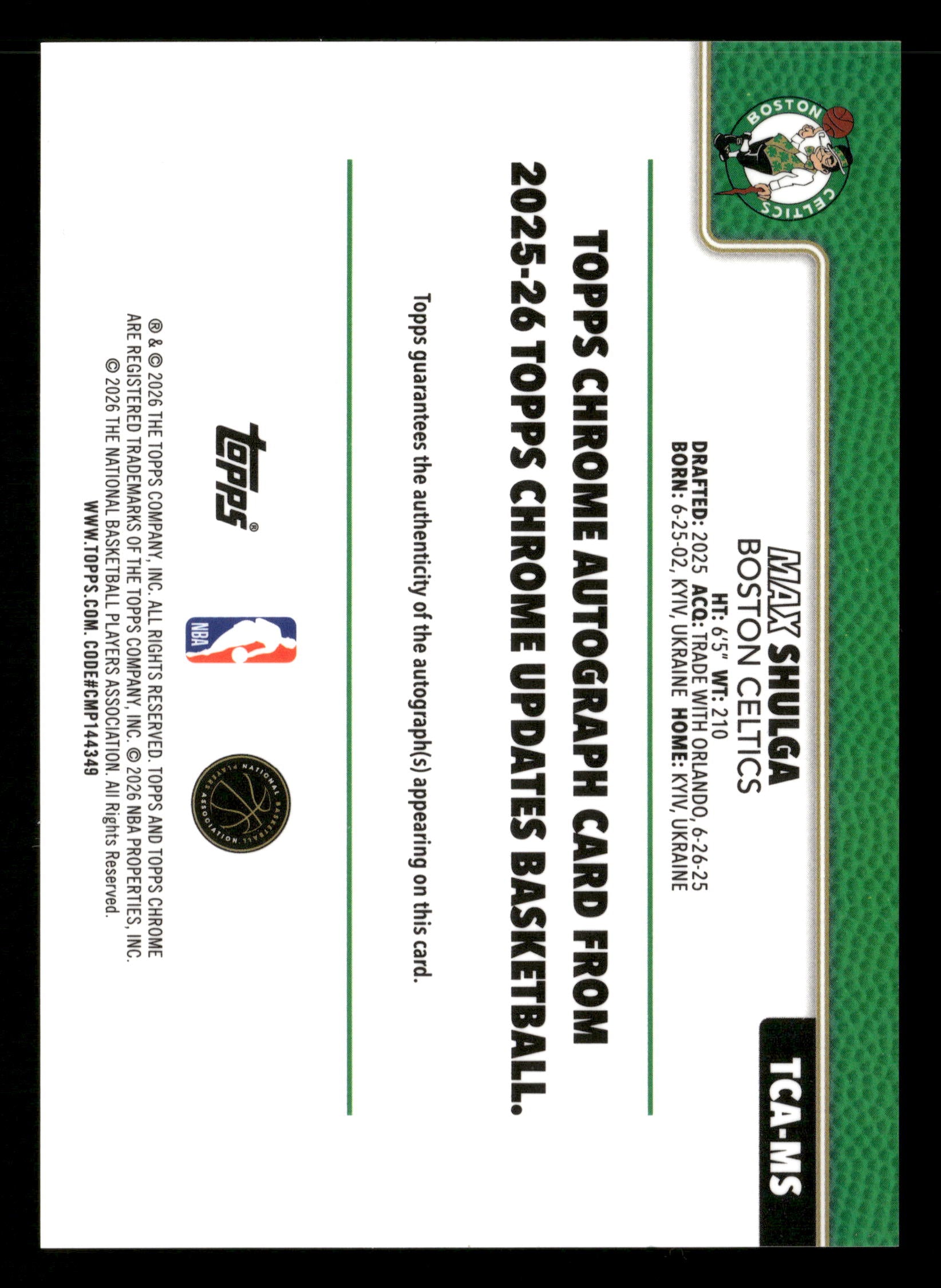 2025-26 Topps Chrome Update #TCA-MS Max Shulga Chrome Autographs Green #/99