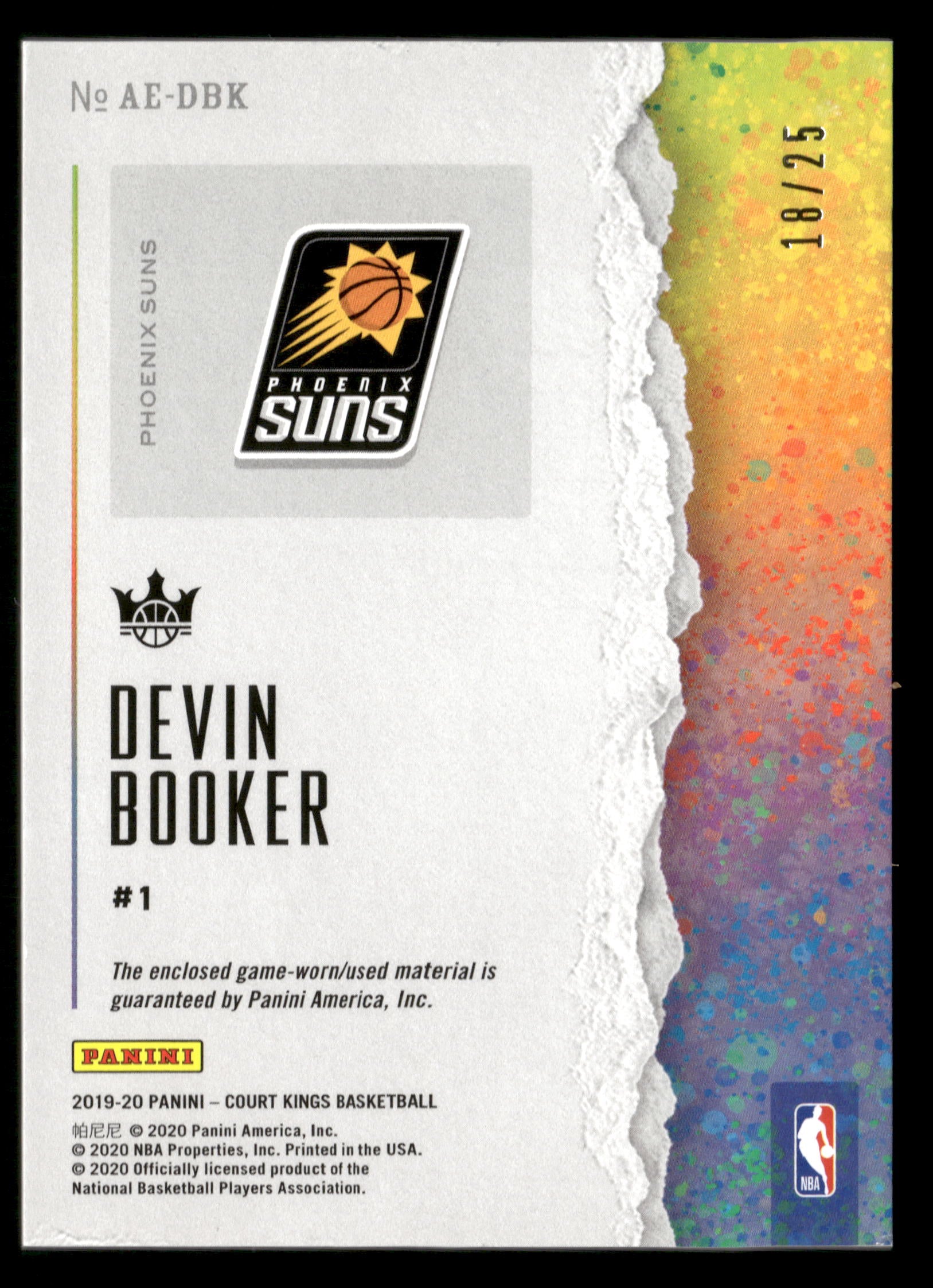 2019-20 Panini Court Kings #AE-DBK Devin Booker Artistic Endeavors Prime #/25