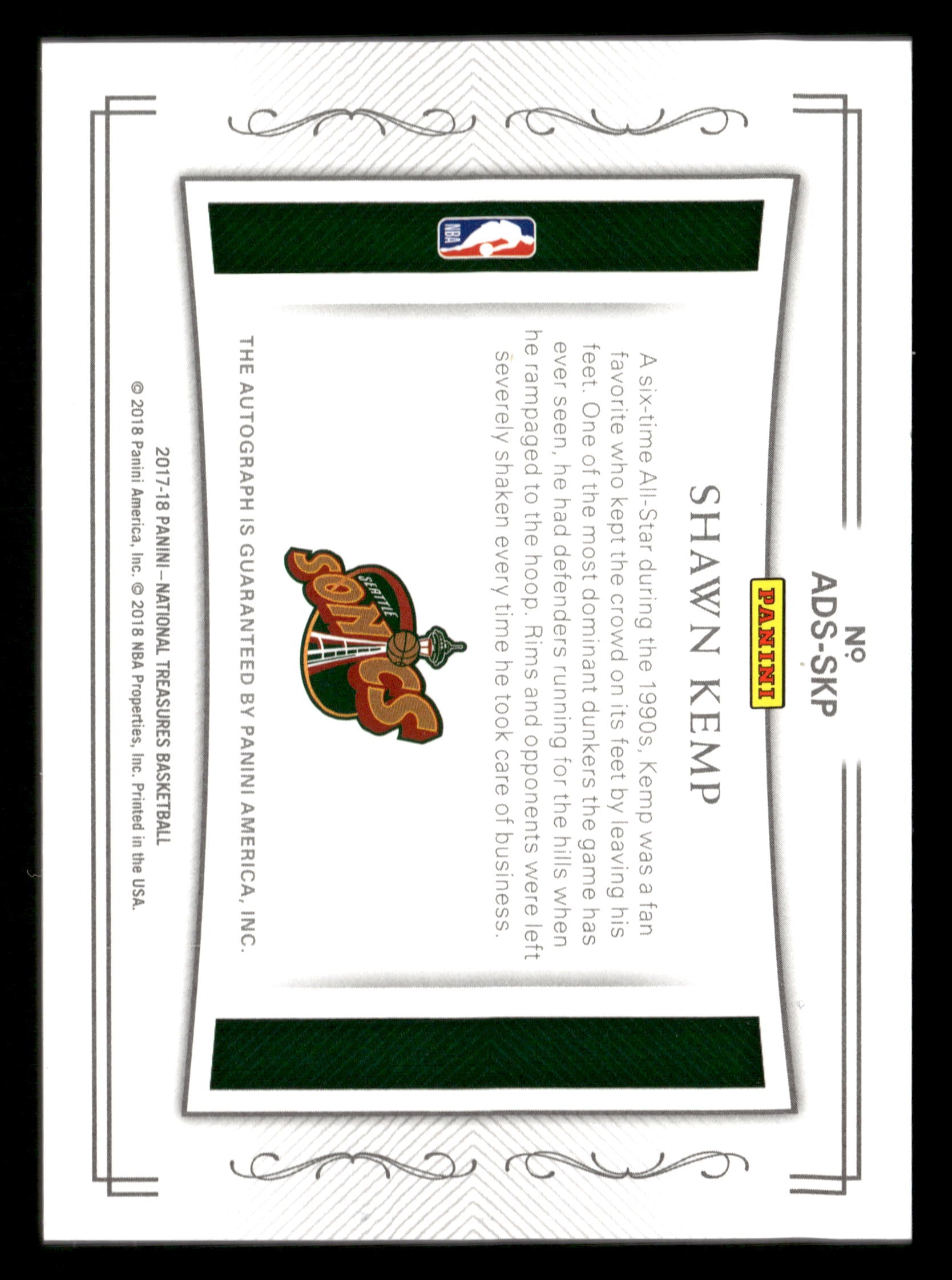 2017-18 Panini National Treasures #ADS-SKP Shawn Kemp All-Decade Signatures #/49