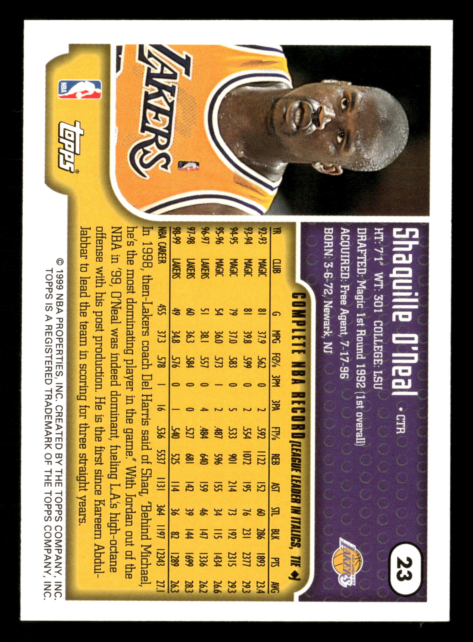 1999-00 Topps #23 Shaquille O'Neal