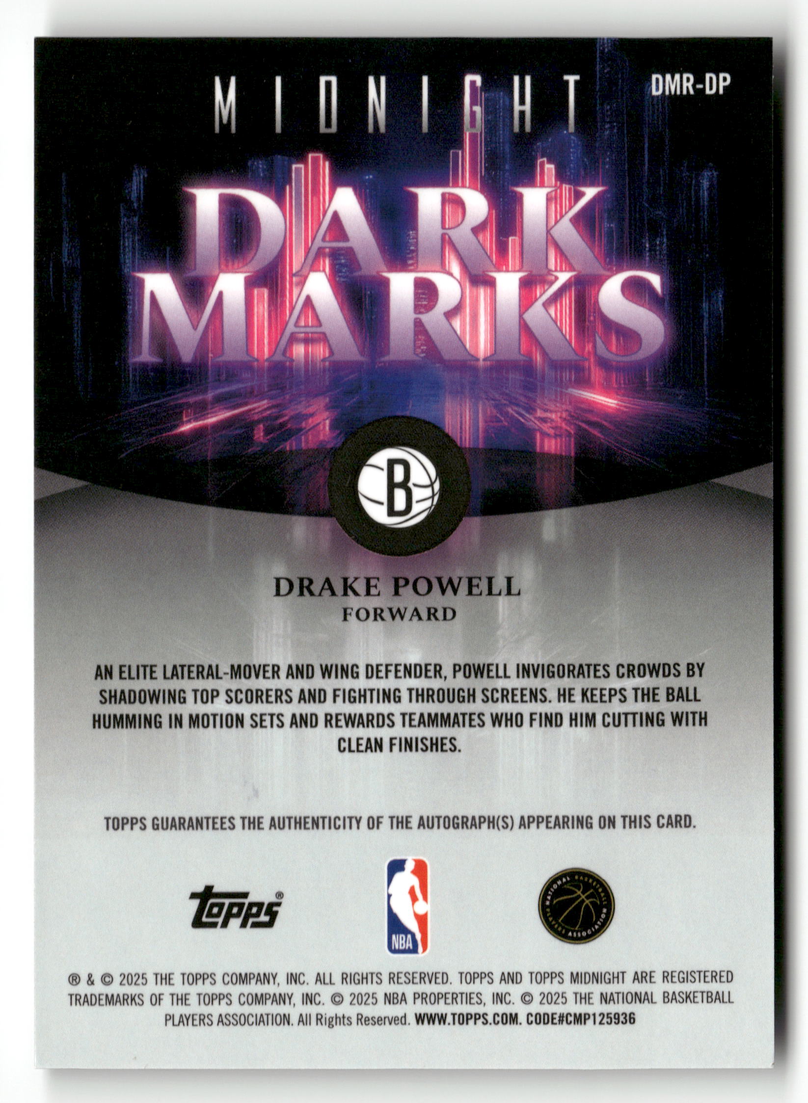 2025-26 Topps Midnight #DMR-DP Drake Powell Dark Marks Rookies Signatures