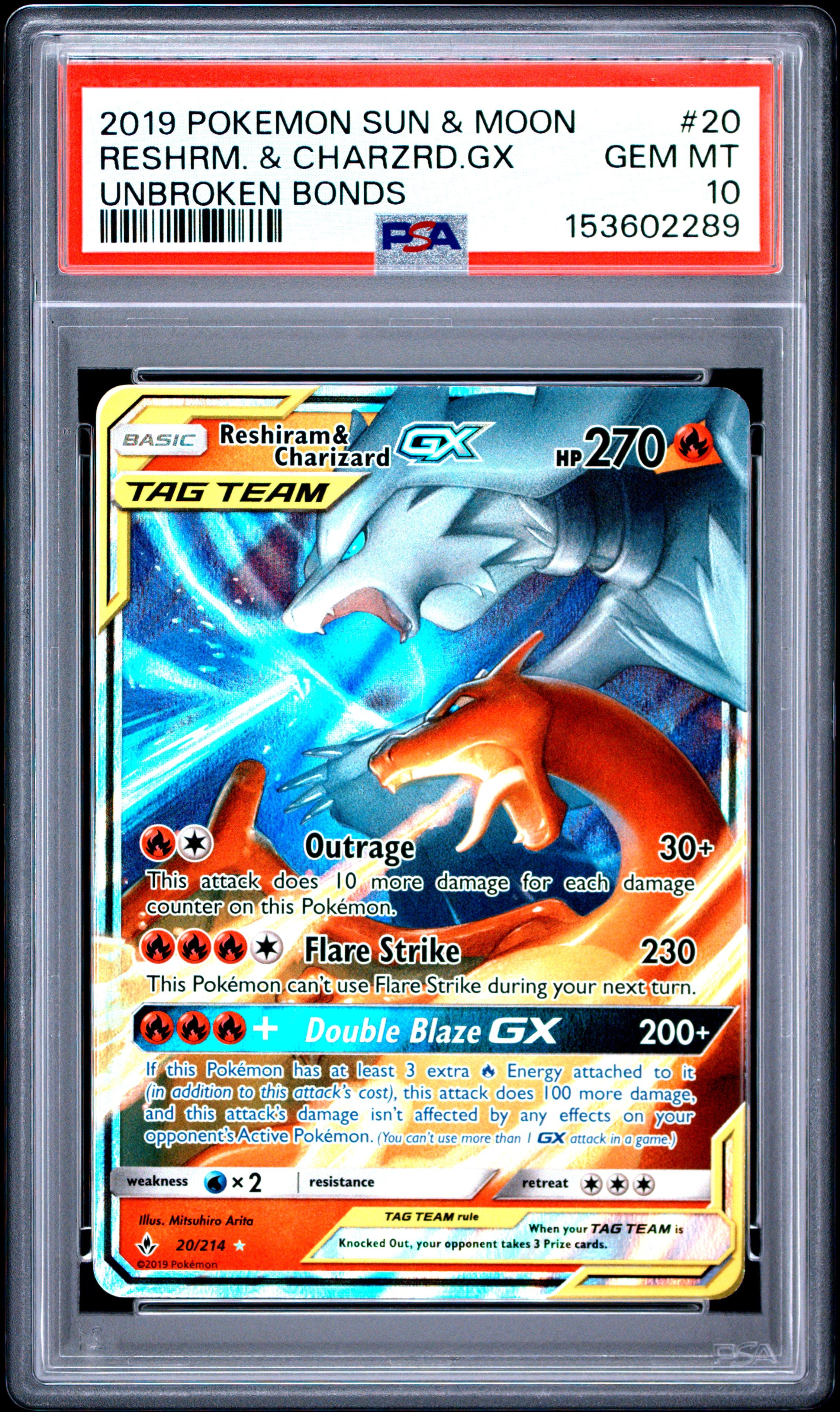 2019 Pokemon Sun & Moon Unbroken Bonds #20 Reshrm. & Charzrd.Gx PSA 10