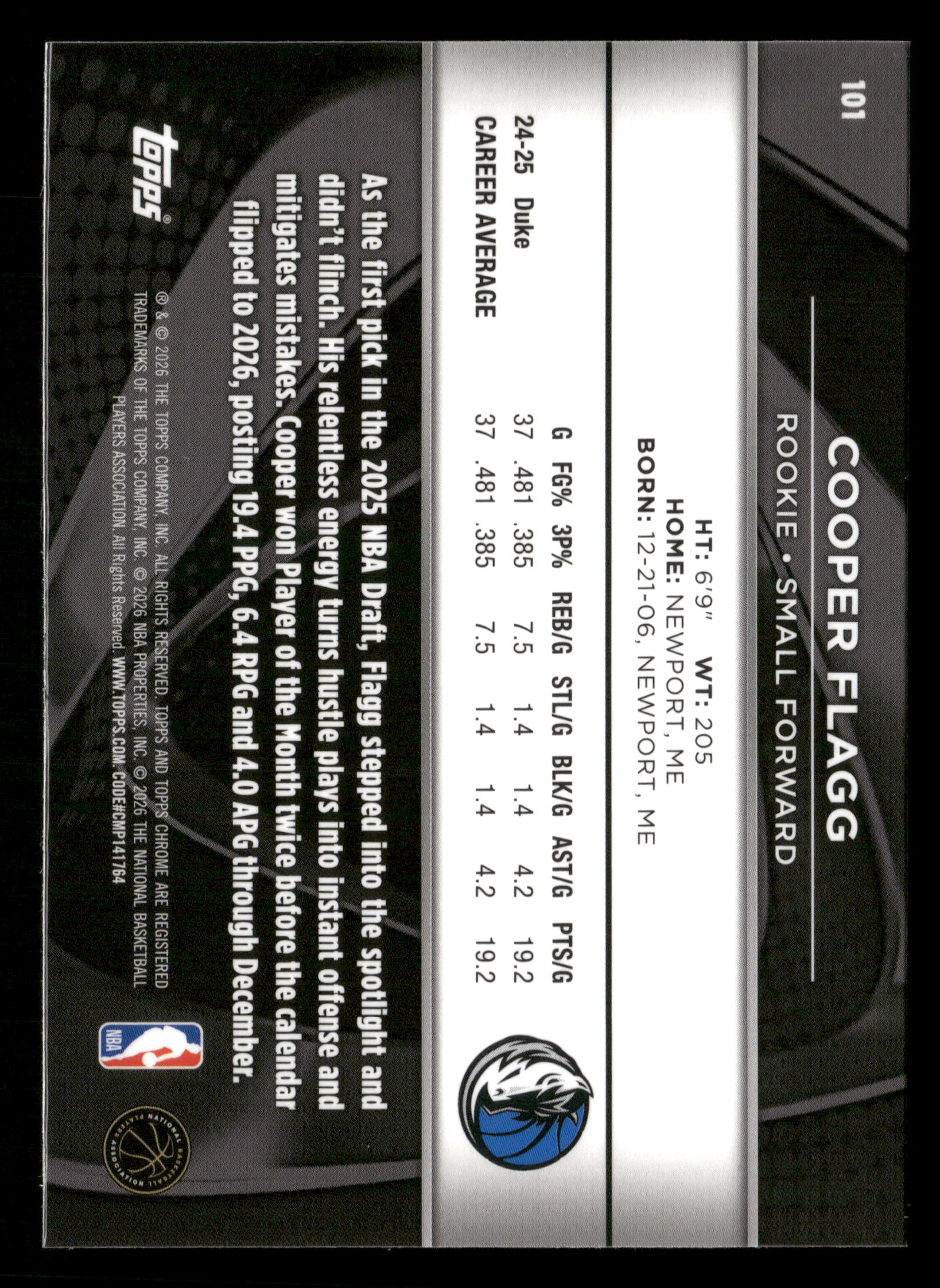 2025-26 Topps Chrome Black #101 Cooper Flagg