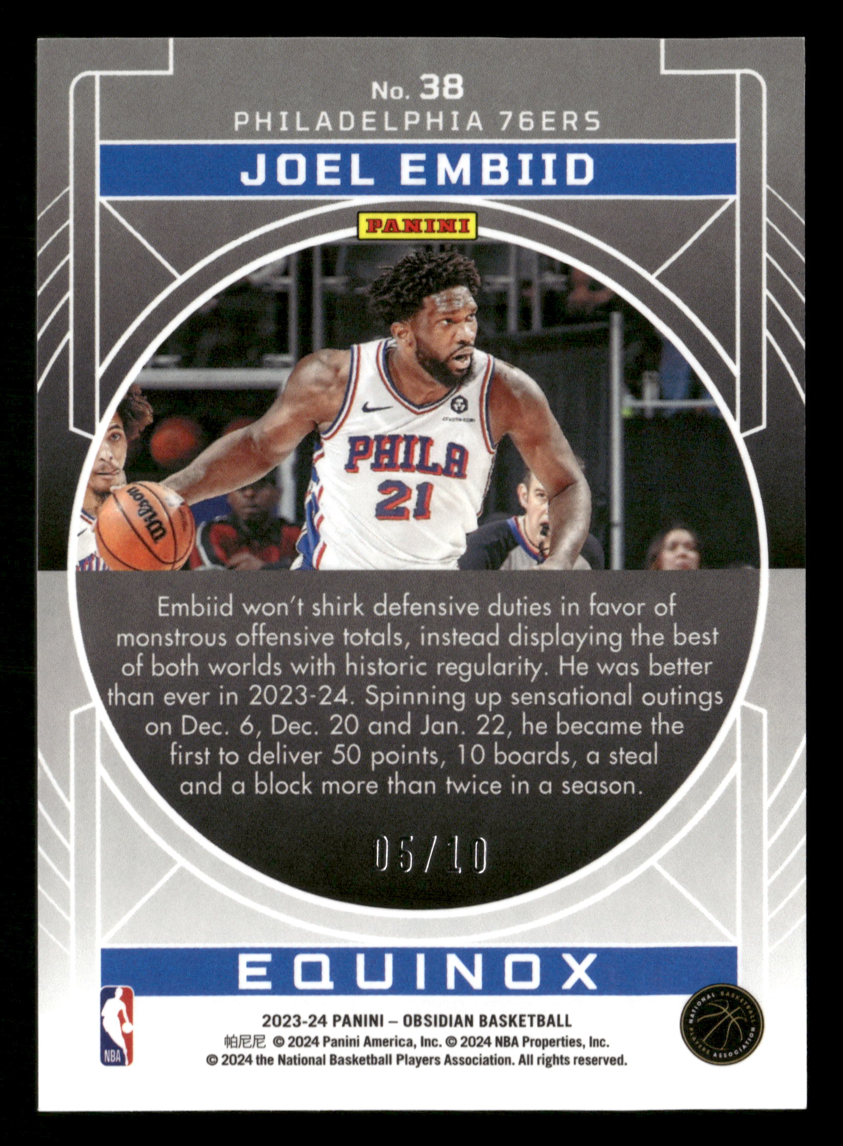 2023-24 Panini Obsidian #38 Joel Embiid Equinox Electric Etch Molten Mojo #/10