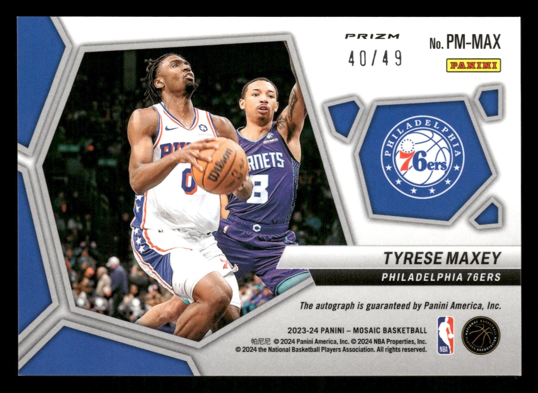 2023-24 Panini Mosaic #PM-MAX Tyrese Maxey Pictographs Mosaic Blue #/49