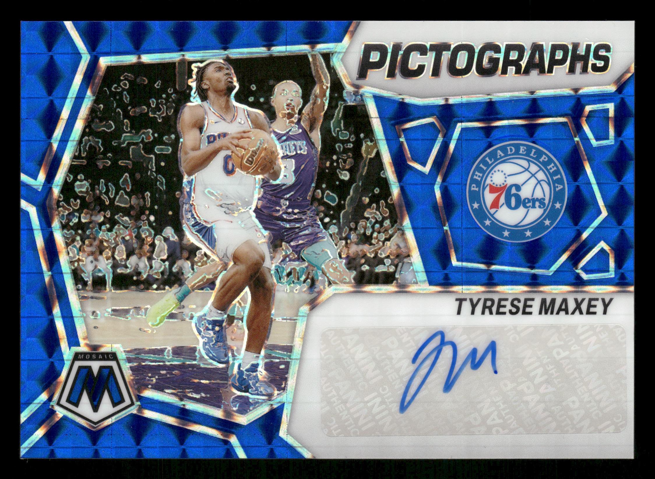 2023-24 Panini Mosaic #PM-MAX Tyrese Maxey Pictographs Mosaic Blue #/49