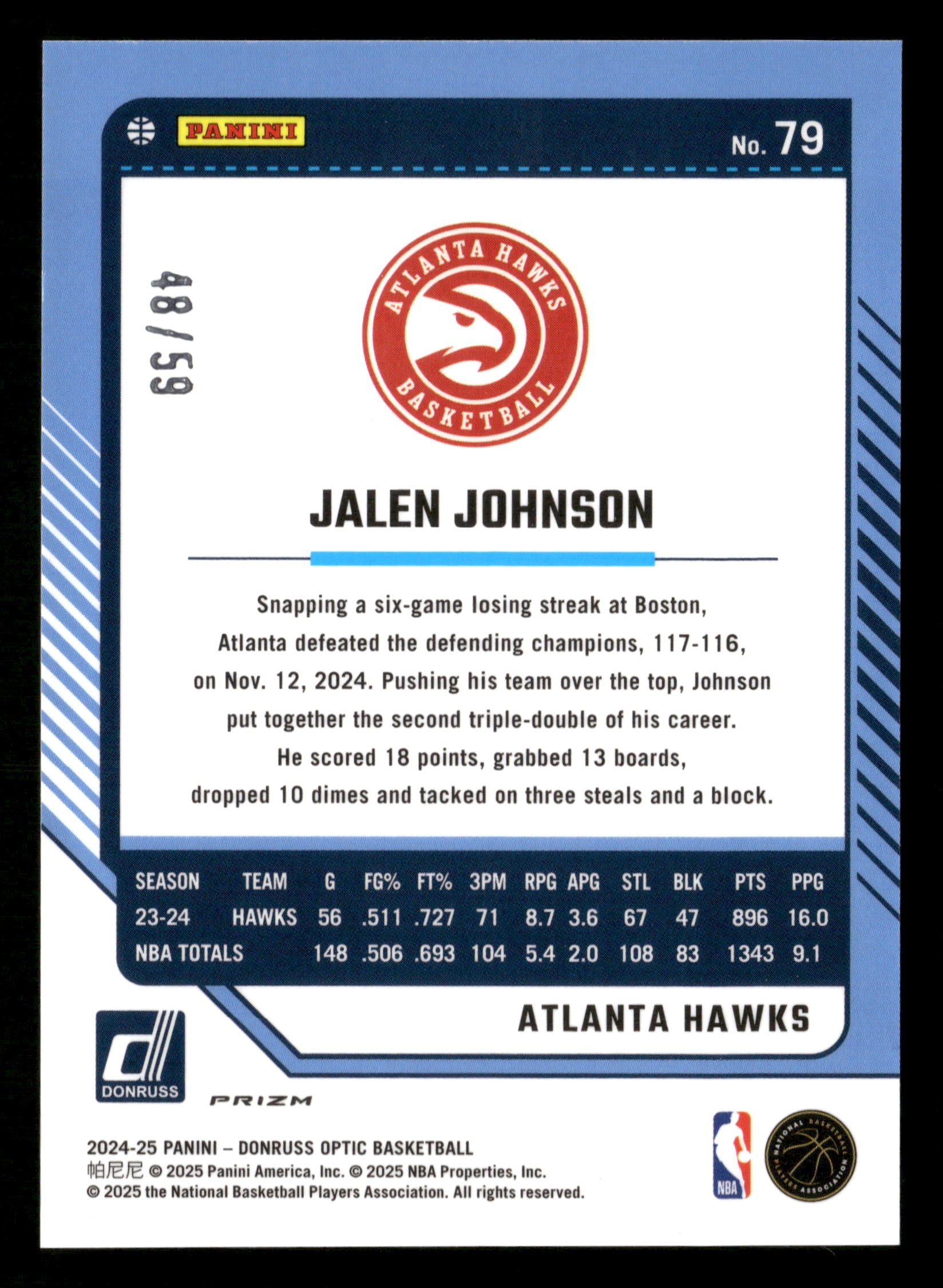 2024-25 Donruss Optic #79 Jalen Johnson White Velocity #/59