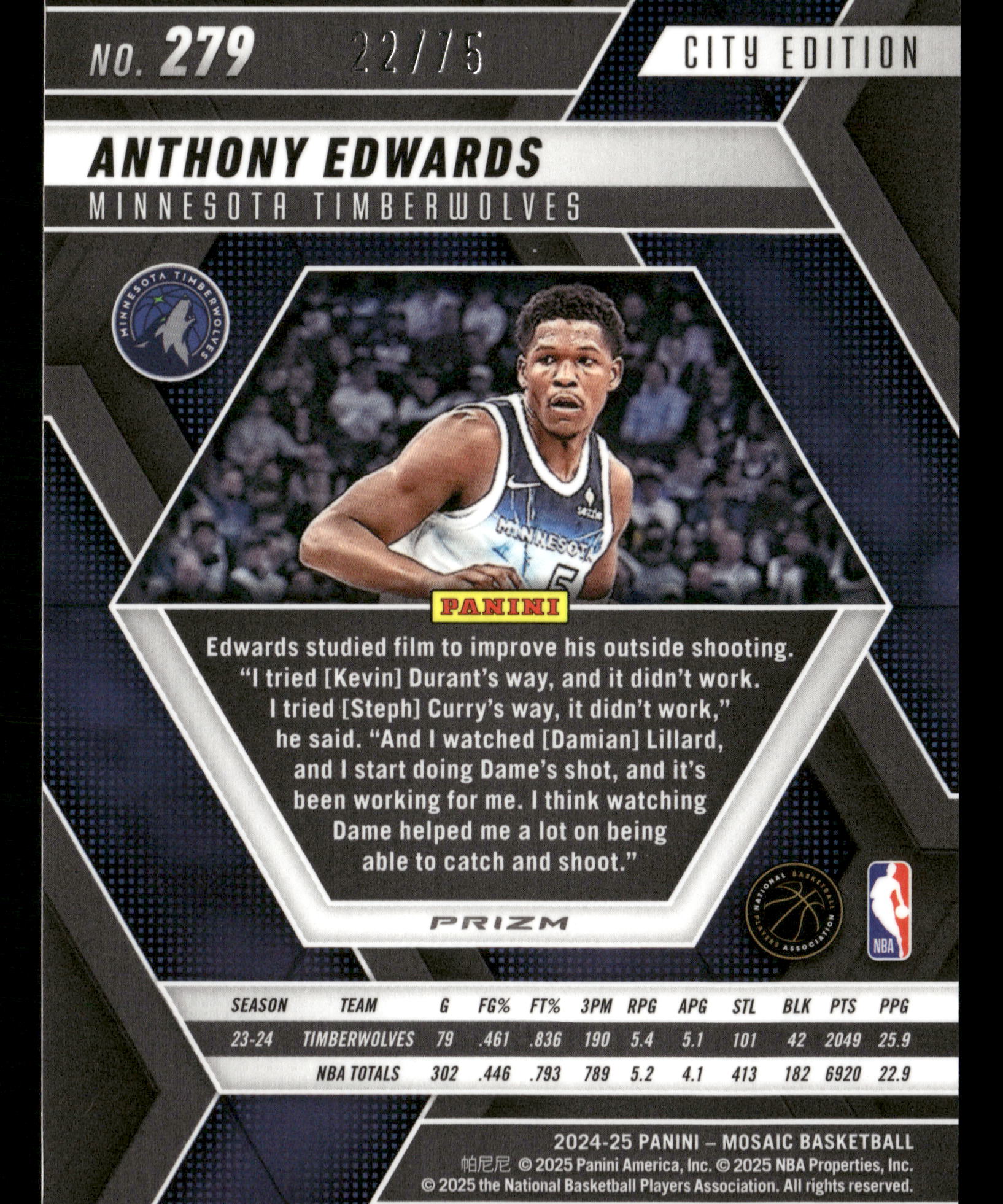 2025-25 Mosaic Basketball #279 Anthony Edwards /75 City Edition