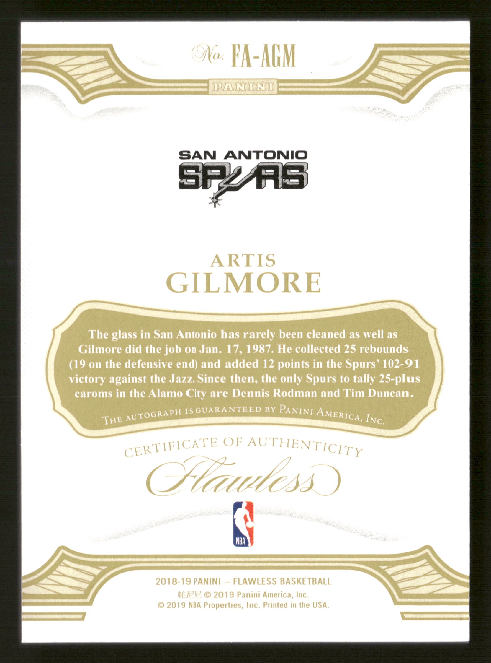 2018-19 Panini Flawless #FA-AGM Artis Gilmore Flawless Autographs #/25