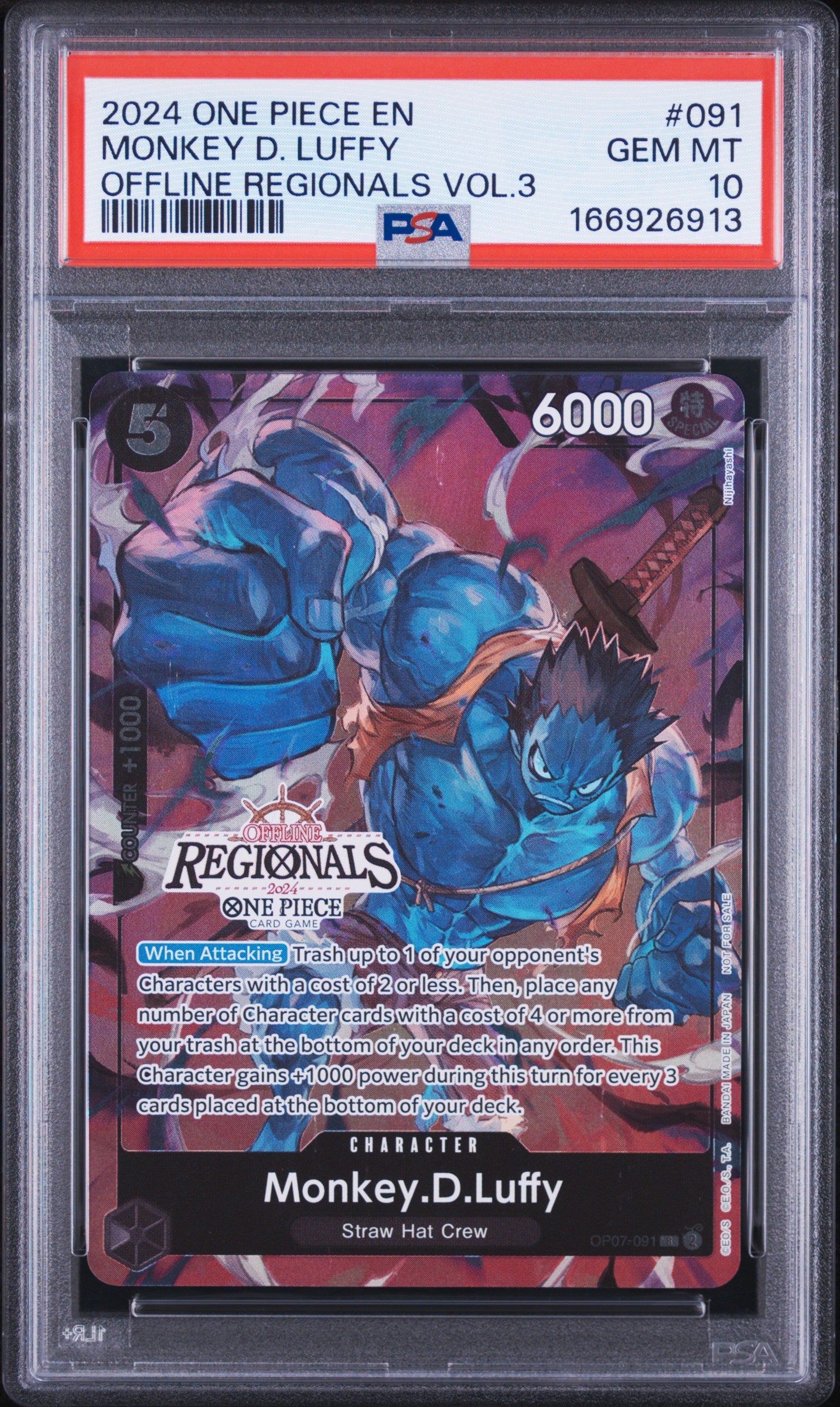 2024 One Piece Offline Regionals Pack 2024 Vol.3 #091 Monkey D. Luffy PSA 10