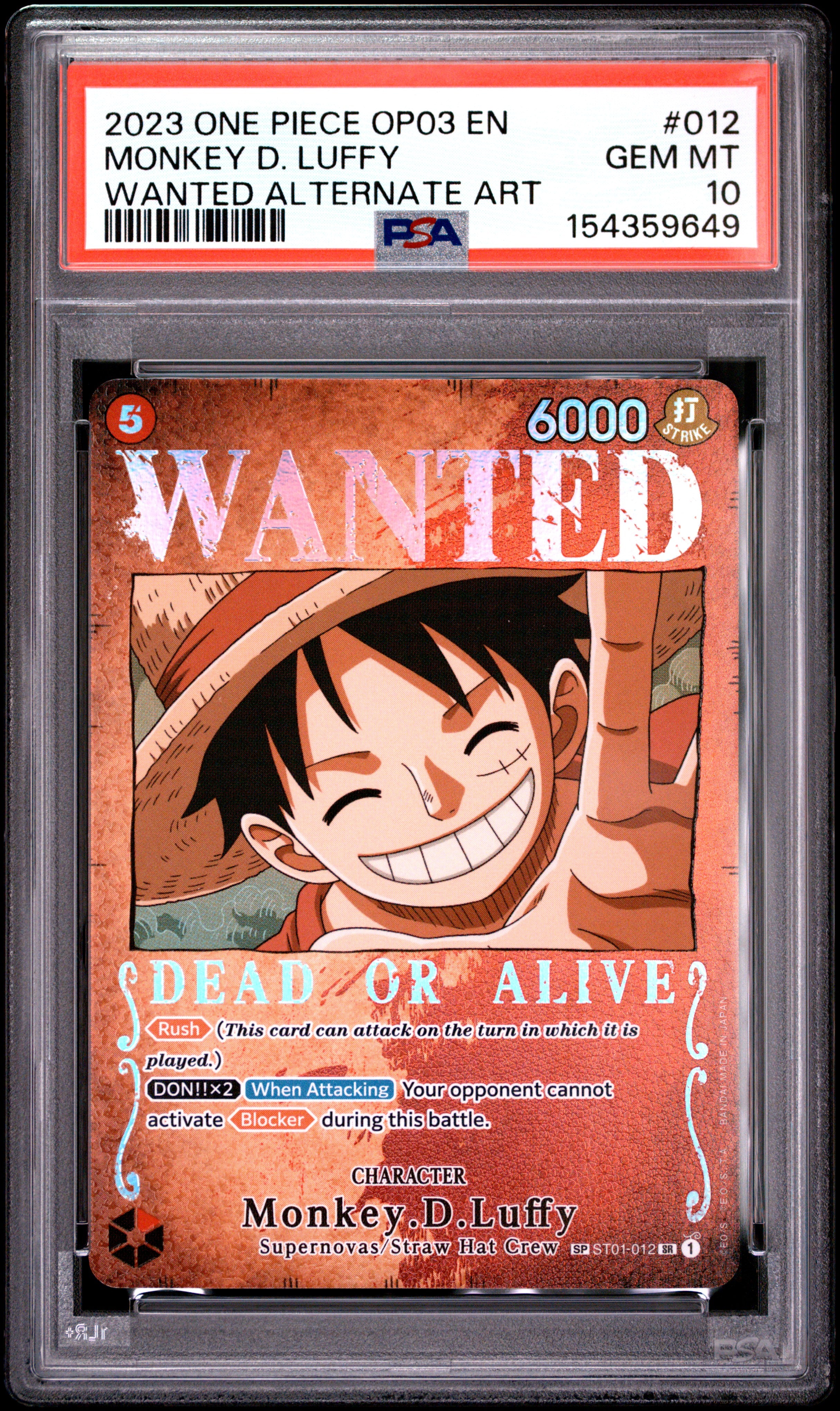 2023 One Piece Op03 #012 Monkey D. Luffy Wanted Alternate Art PSA 10