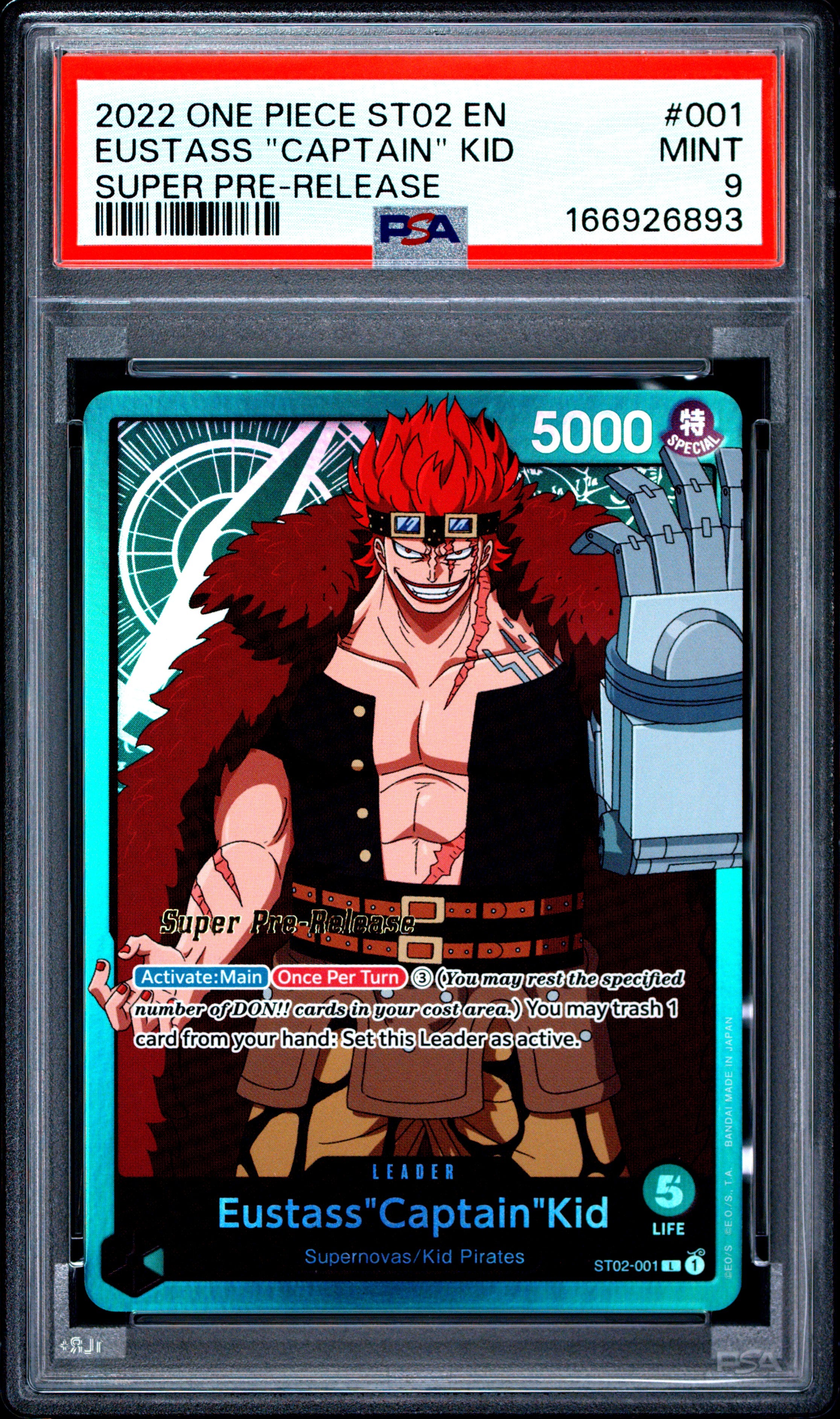 2022 One Piece Starter Deck 2 #001 Eustass "Captain" Kid Super Pre-Release PSA 9