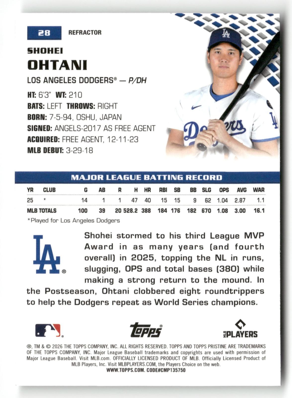 2026 Topps Pristine #28 Shohei Ohtani Refractor