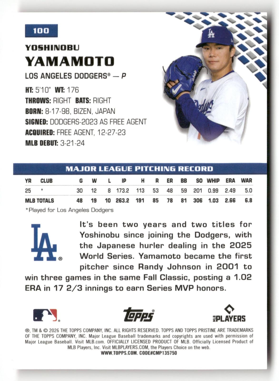 2024 Topps Pristine #117 Yoshinobu Yamamoto Pristine Pink Refractor #/15