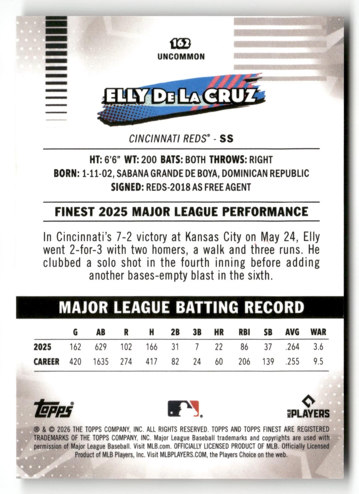 2026 Topps Finest Baseball #162 Elly De La Cruz UC /5 Red X-Fractor