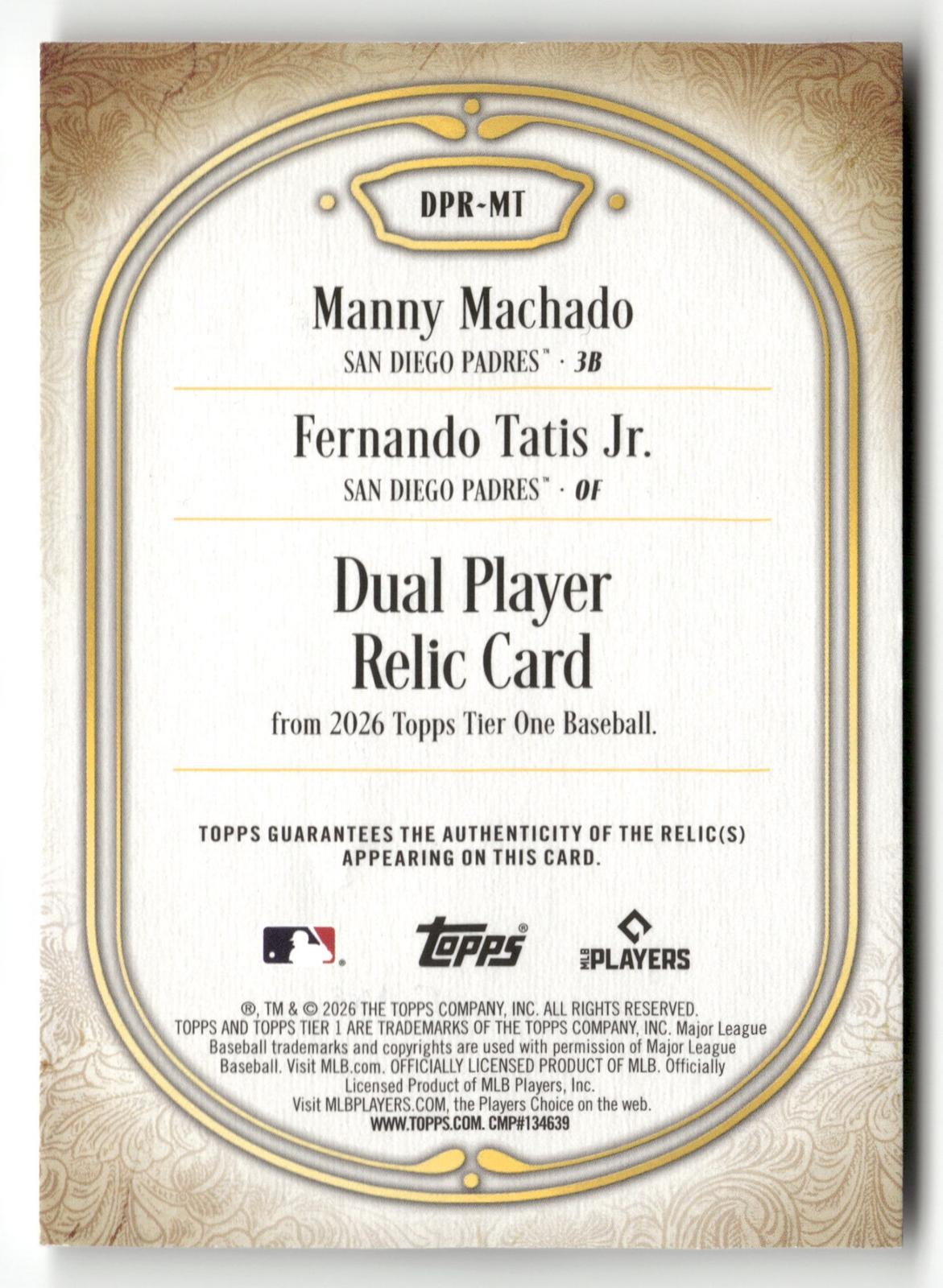 2024 Topps Tier One #DPR-MT Fernando Tatis Jr. / Manny Machado Relic Green #/49