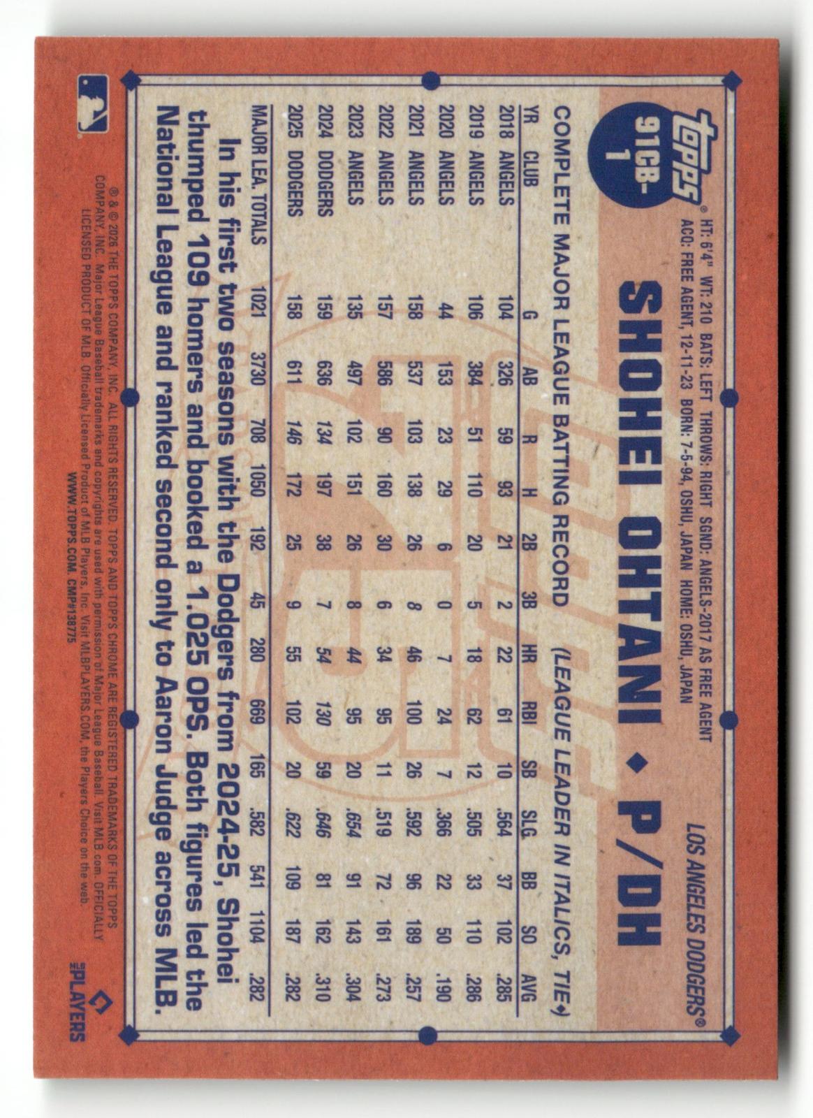 2026 Topps Chrome #91CB-1 Shohei Ohtani 1991 Topps Baseball Green #/99