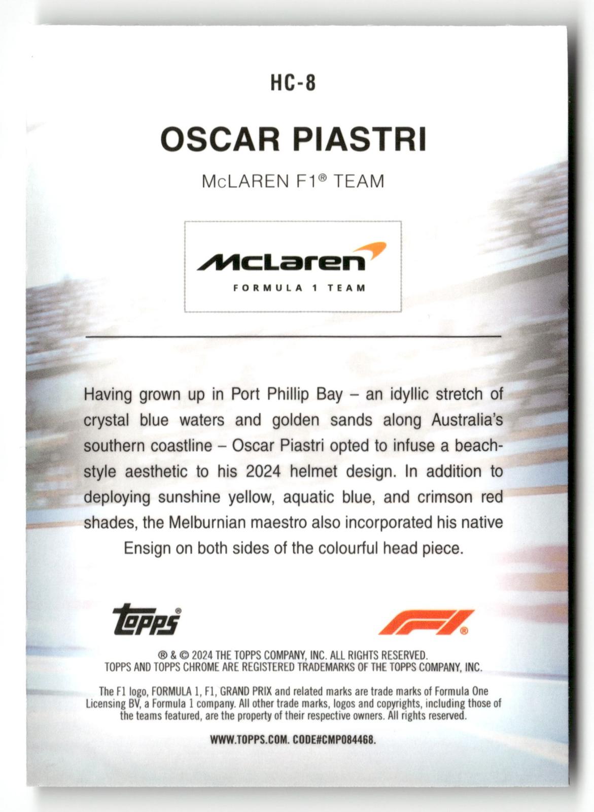 2024 Topps Chrome Formula 1 #HC-8 Oscar Piastri Helmet Collection