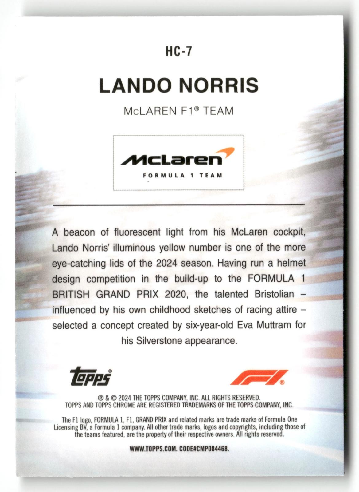 2024 Topps Chrome Formula 1 #HC-7 Lando Norris Helmet Collection