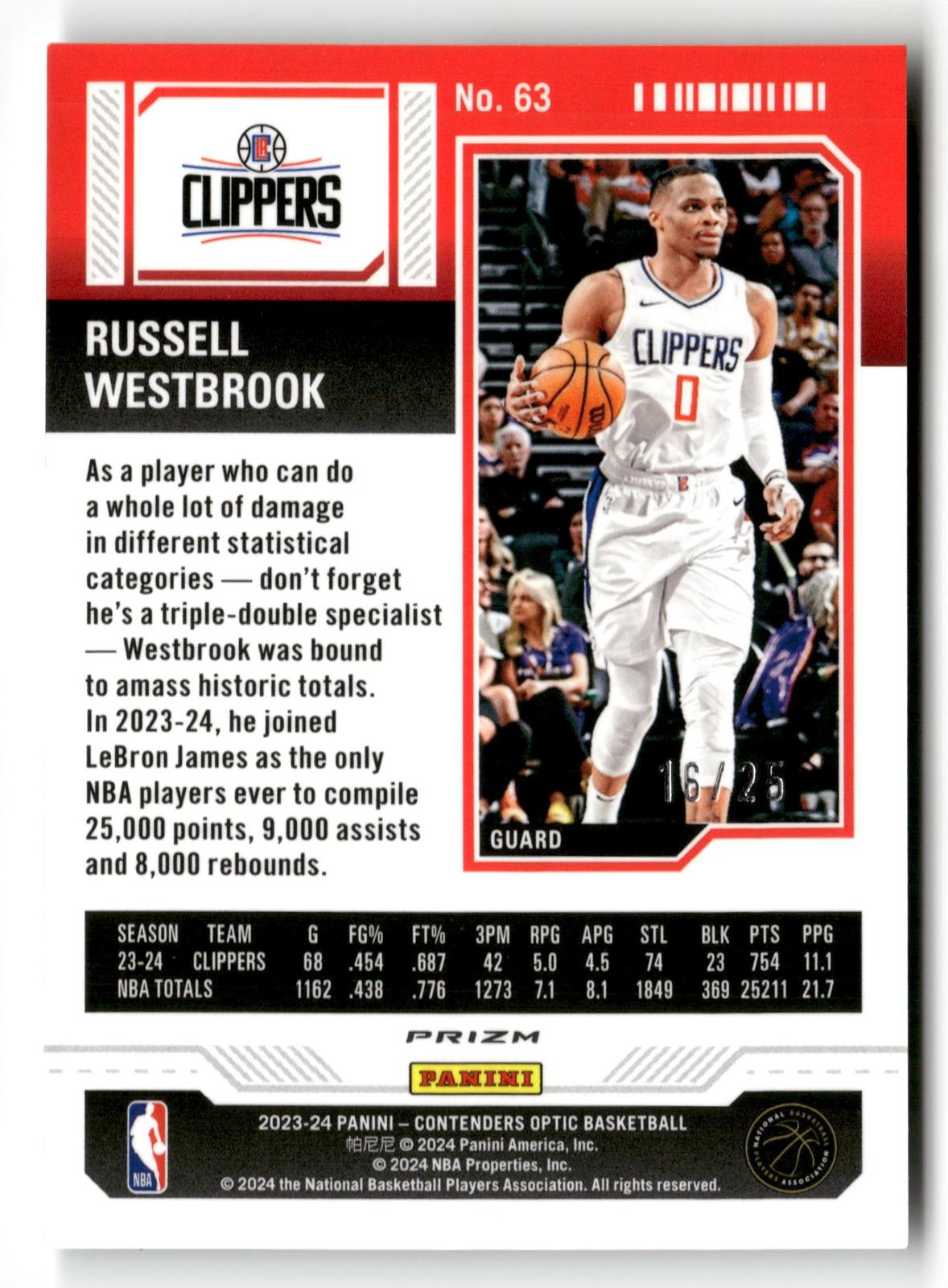 23-24 Panini Contenders #63 Russell Westbrook Season Ticket Black Scope /25