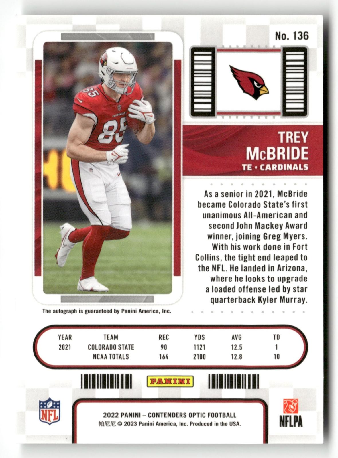 2022 Panini Contenders #136 Trey McBride Rookie Ticket Auto RC