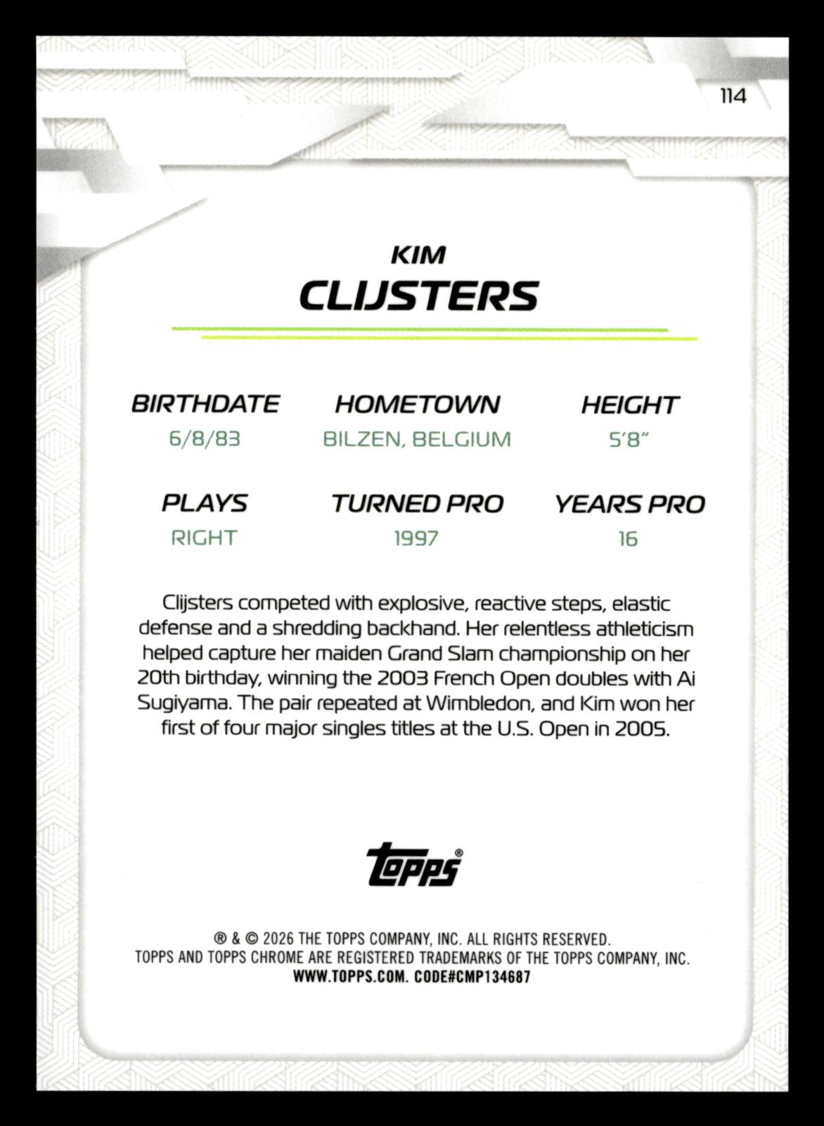 2026 Topps Chrome #114 Kim Clijsters Aqua Geometric Refractor #/199