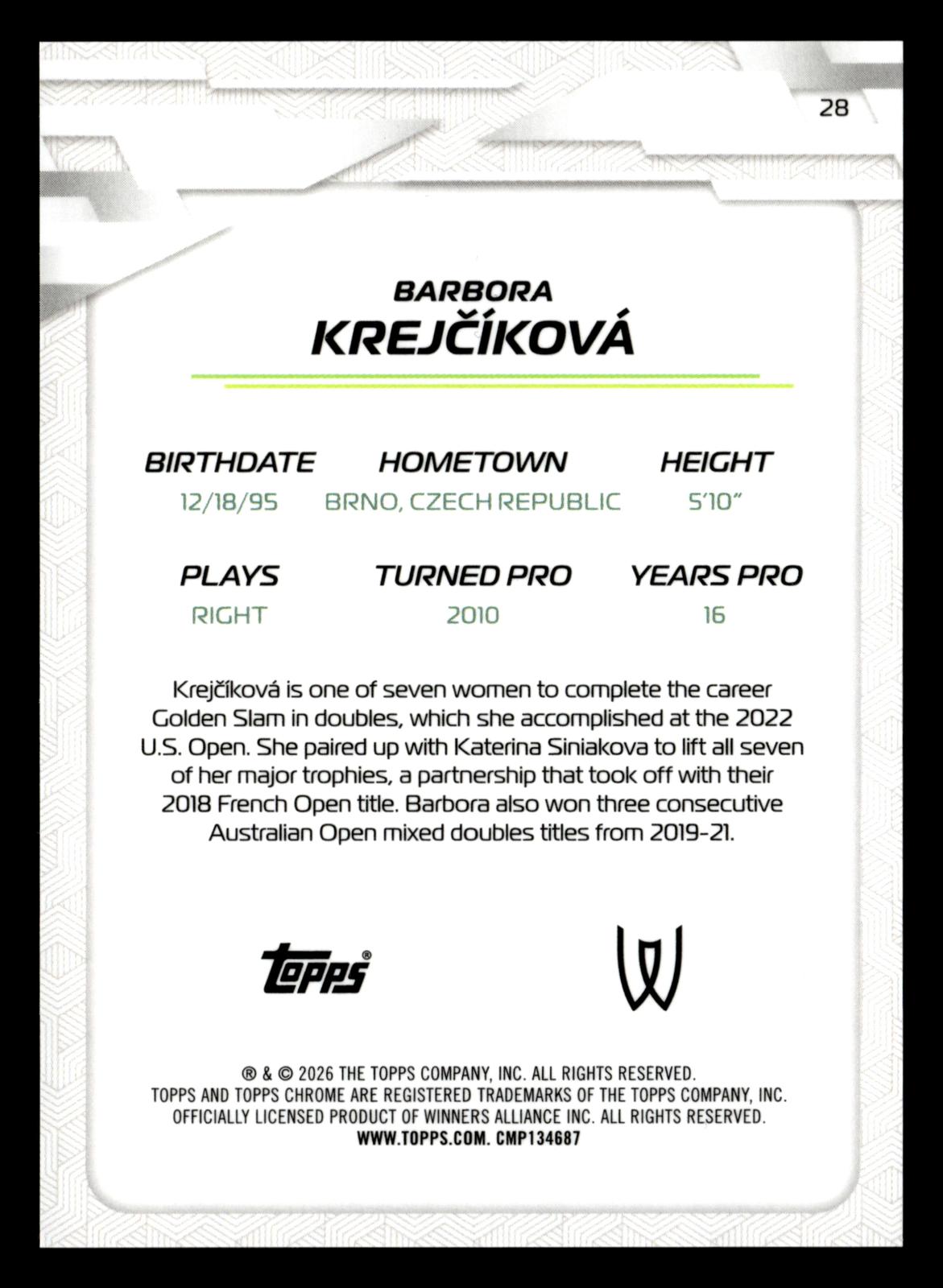 2026 Topps Chrome #28 Barbora Krejčíková Aqua Geometric Refractor #/199