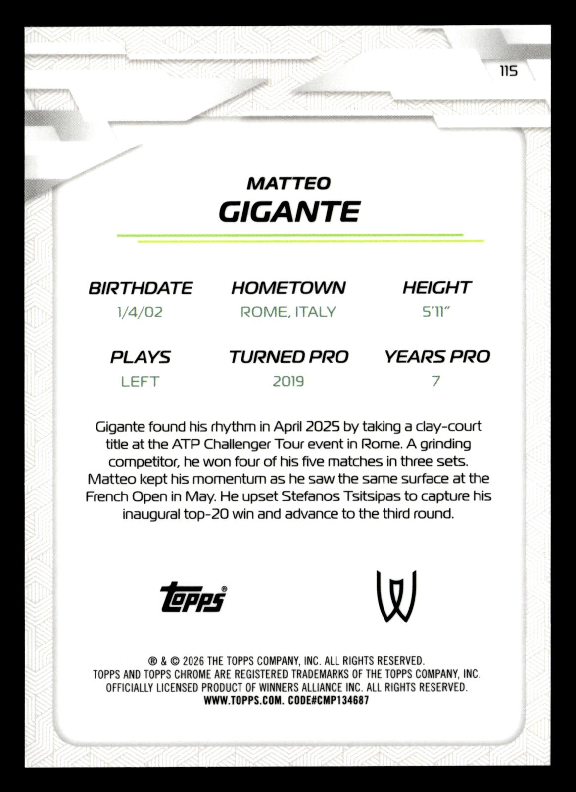 2026 Topps Chrome #115 Matteo Gigante Green Refractor #/99