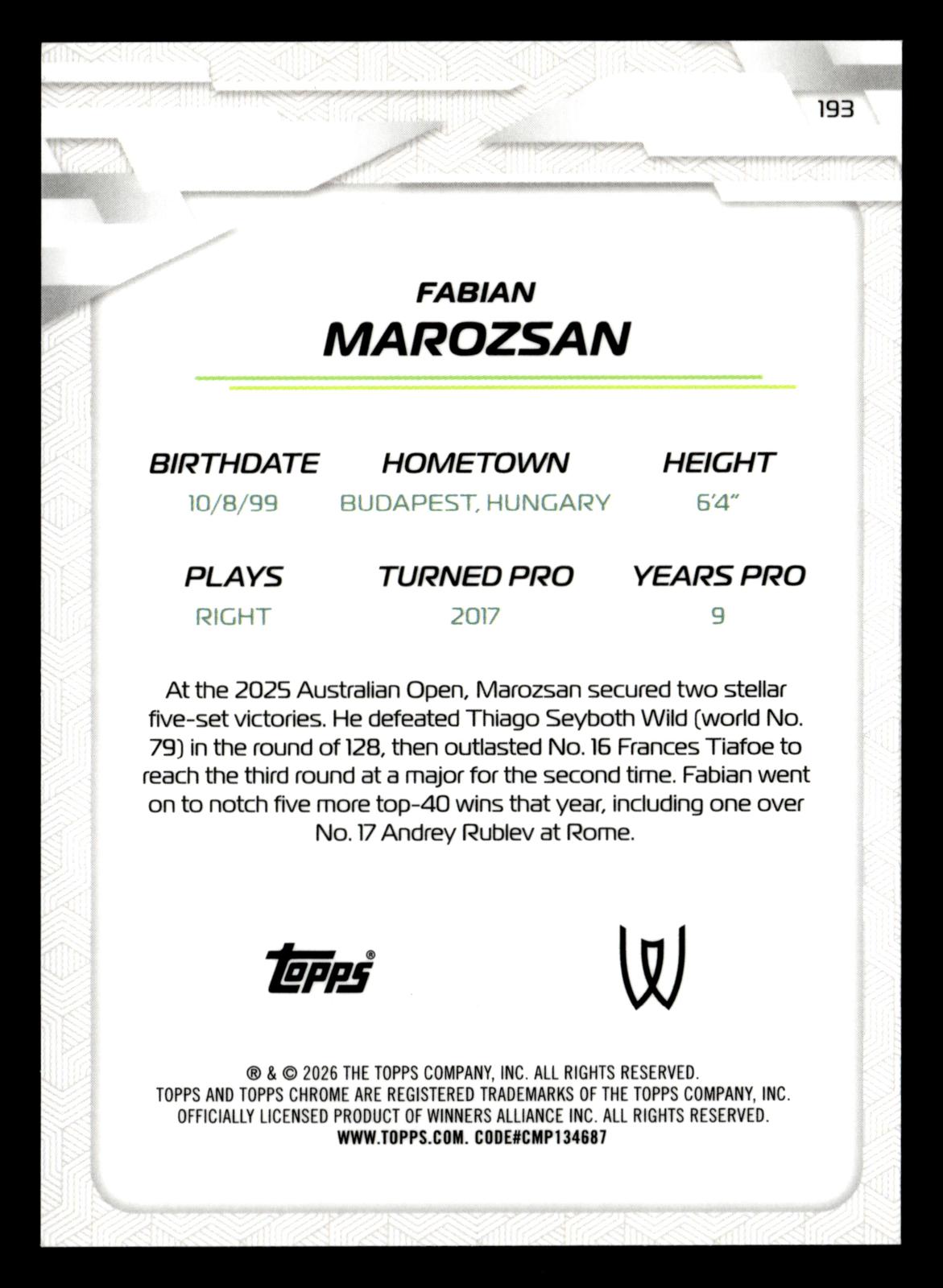 2026 Topps Chrome #193 Fabian Marozsan Blue Geometric Refractor #/150