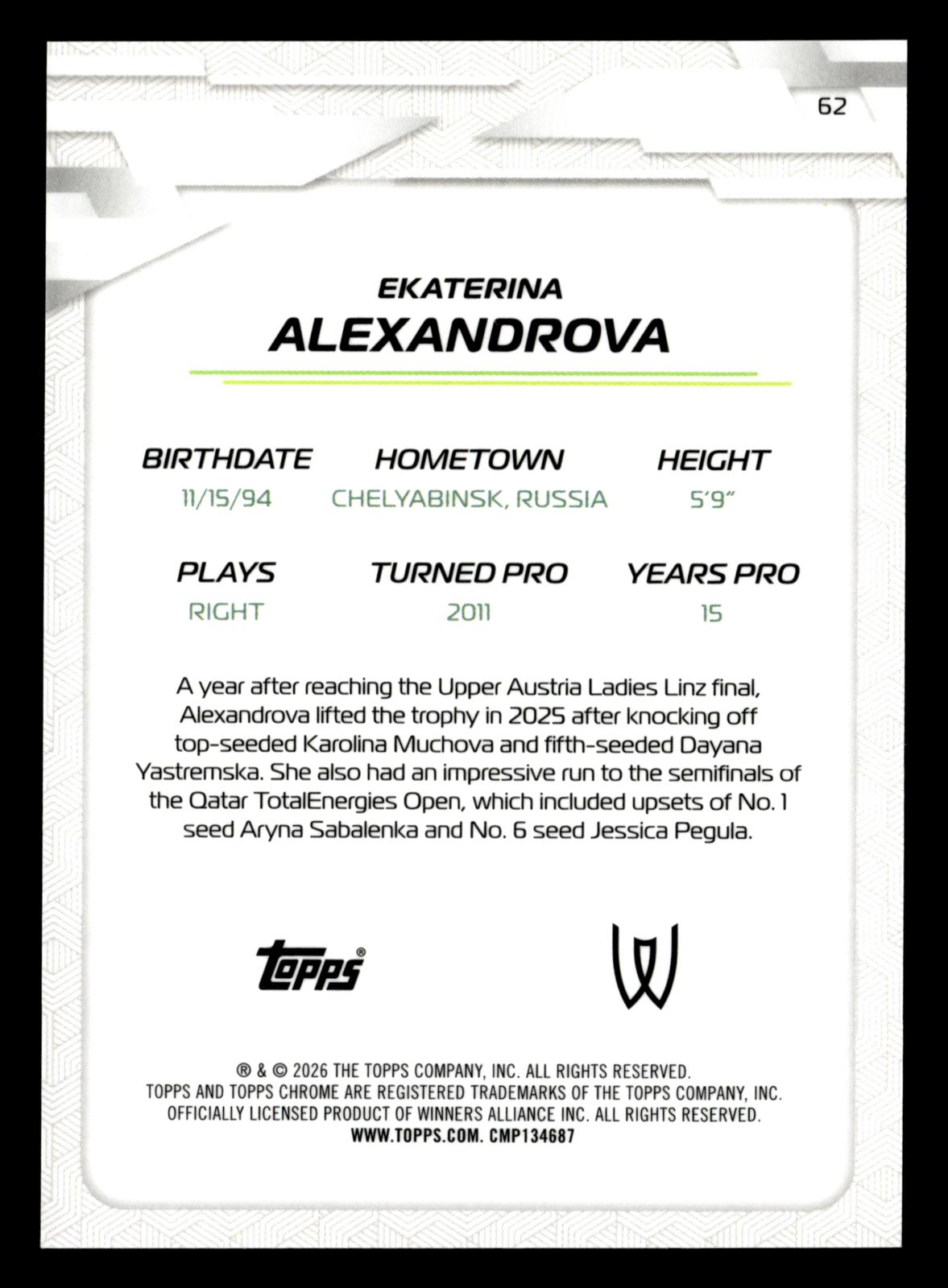 2026 Topps Chrome #62 Ekaterina Alexandrova Aqua Geometric Refractor #/199