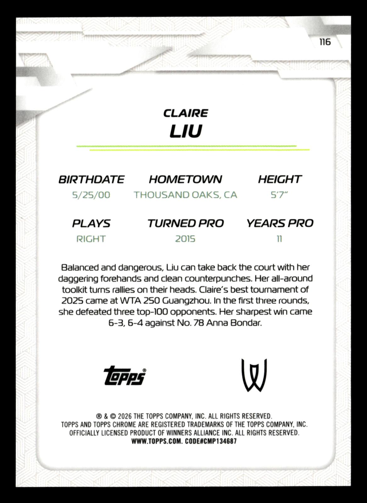 2026 Topps Chrome #116 Claire Liu Purple Geometric Refractor #/75