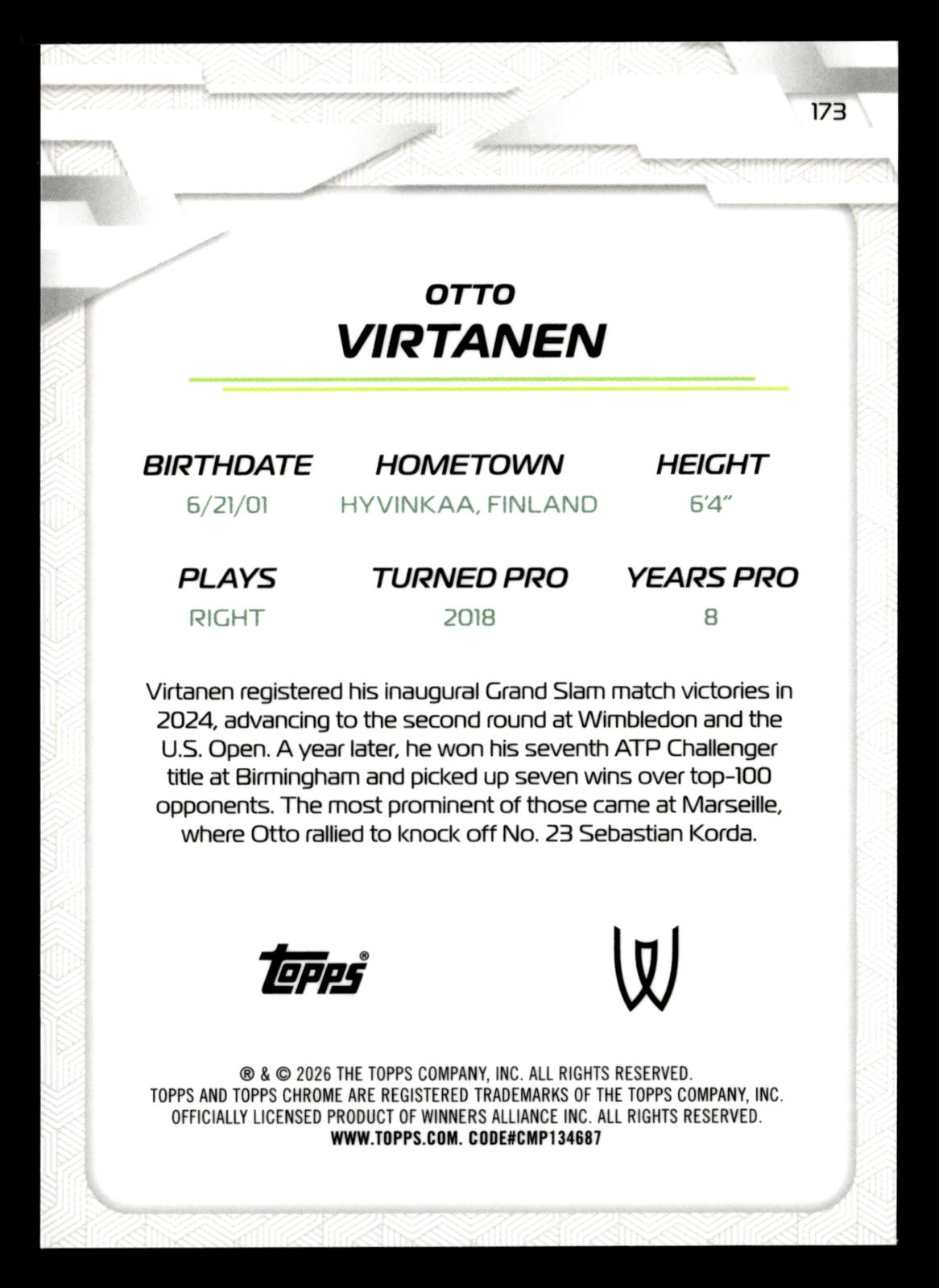 2026 Topps Chrome #173 Otto Virtanen Blue Geometric Refractor #/150