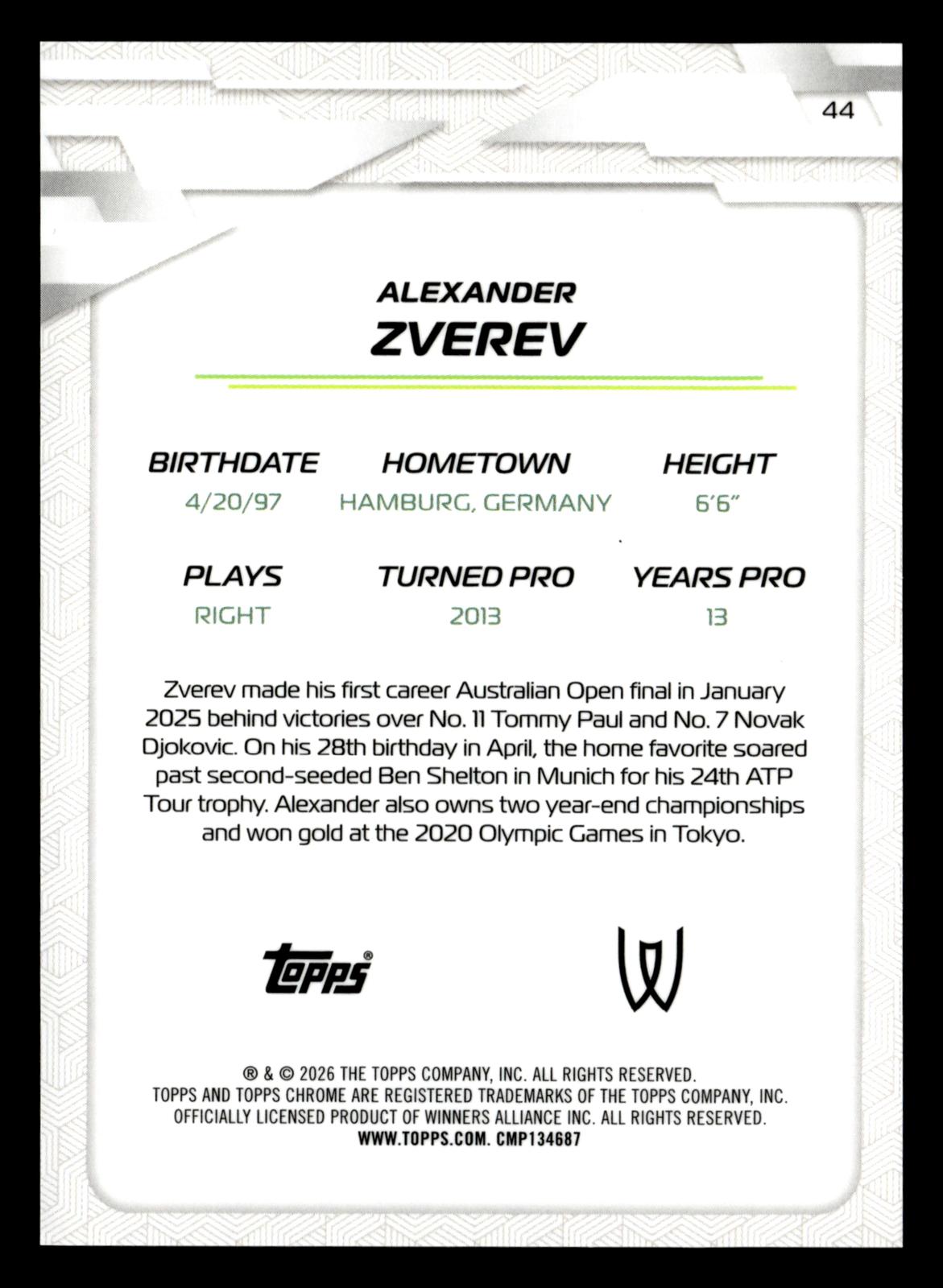 2026 Topps Chrome #44 Alexander Zverev Aqua Geometric Refractor #/199